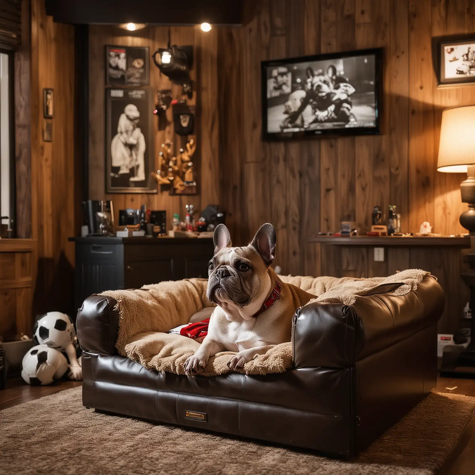 Cozy French Bulldog Relaxing in Man Cave Dog Bed
