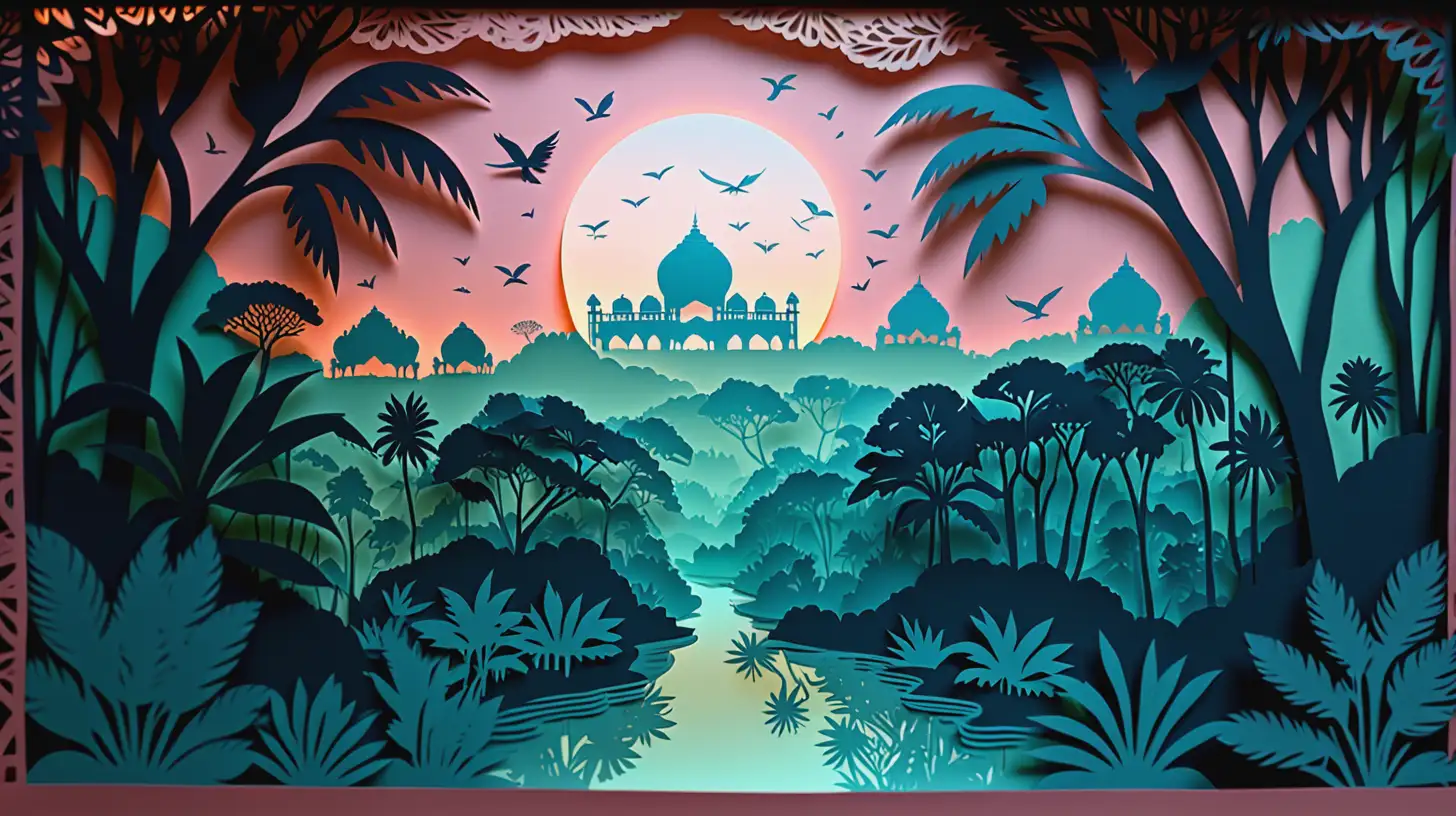 Indian Terrace Double Exposure Night Paper Cutting of Jungle View