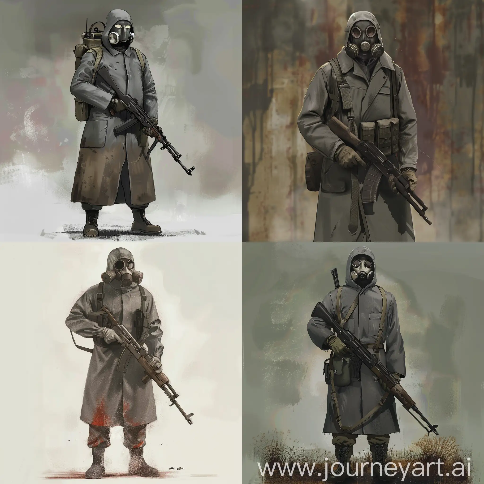 Concept character design art, Ecologist, STALKER game, soviet hazmat suit raincoat, gasmask on his face, military unloading on his body, sniper rifle in his hands.