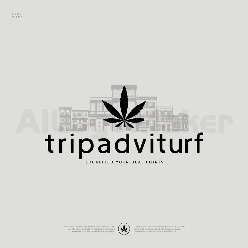 a logo design,with the text "tripadviturf", main symbol:logo with name tripadviturf with building of neighborhood in background and written in bottom small Pout localised your deal points nearest and in middle big a leaf of cannabis,Minimalistic,clear background