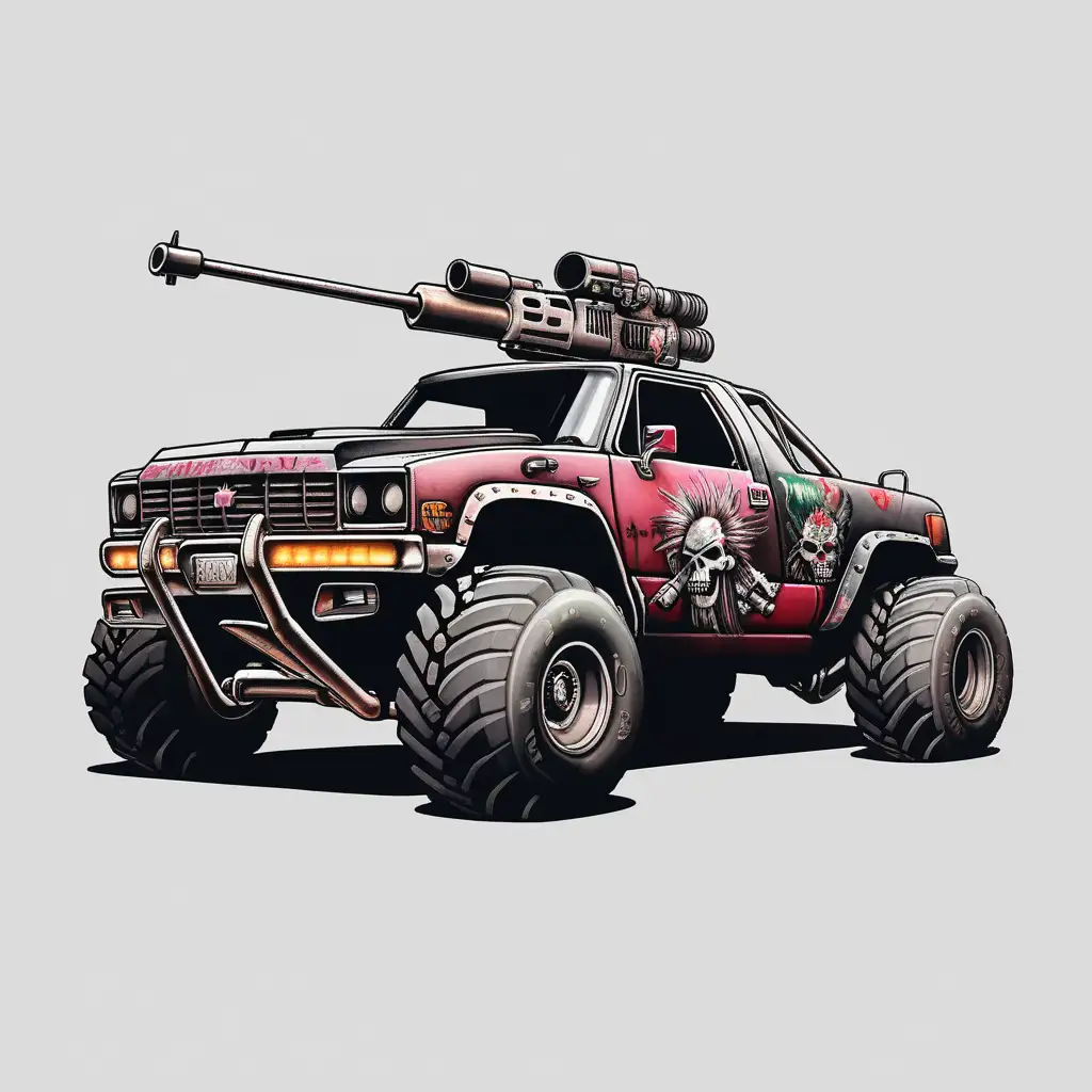 Side Profile, Combat Vehicle, Punk Rock Vehicle with a guitar gun on top, twisted metal art style, Plain Background