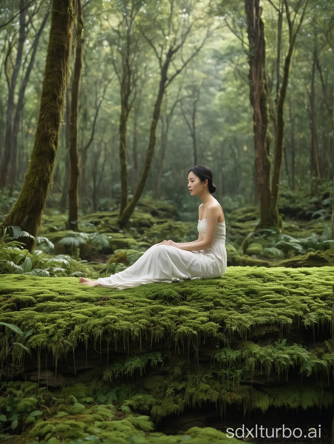 A serene scene featuring a fair-skinned Asian woman sitting in profile on a moss-covered platform. She has her hair neatly tied up in a bun and is wearing a loose, floor-length, cream-colored robe that drapes gracefully around her. The platform is thickly covered with lush, green moss, with some parts of the moss hanging down over the edges, giving it a natural and organic appearance.

The background consists of pale green walls with a soft gradient, creating a calming atmosphere. These walls are adorned with two large, overlapping circular decorations, adding a harmonious and balanced feel to the composition. The overall color scheme is dominated by shades of green and white, enhancing the tranquil and meditative ambiance of the scene.

The camera is positioned at a medium distance from the subject, capturing her entire figure and the surrounding platform in full view. The depth of field is shallow, keeping the woman and the moss-covered platform in sharp focus while slightly blurring the background. This effect draws attention to the woman and the intricate details of the moss, while the overlapping circular decorations in the background add depth and context without distracting from the main subject.

The woman's serene posture and the minimalist, nature-inspired setting suggest a moment of contemplation or meditation, evoking a sense of peace and inner calm.