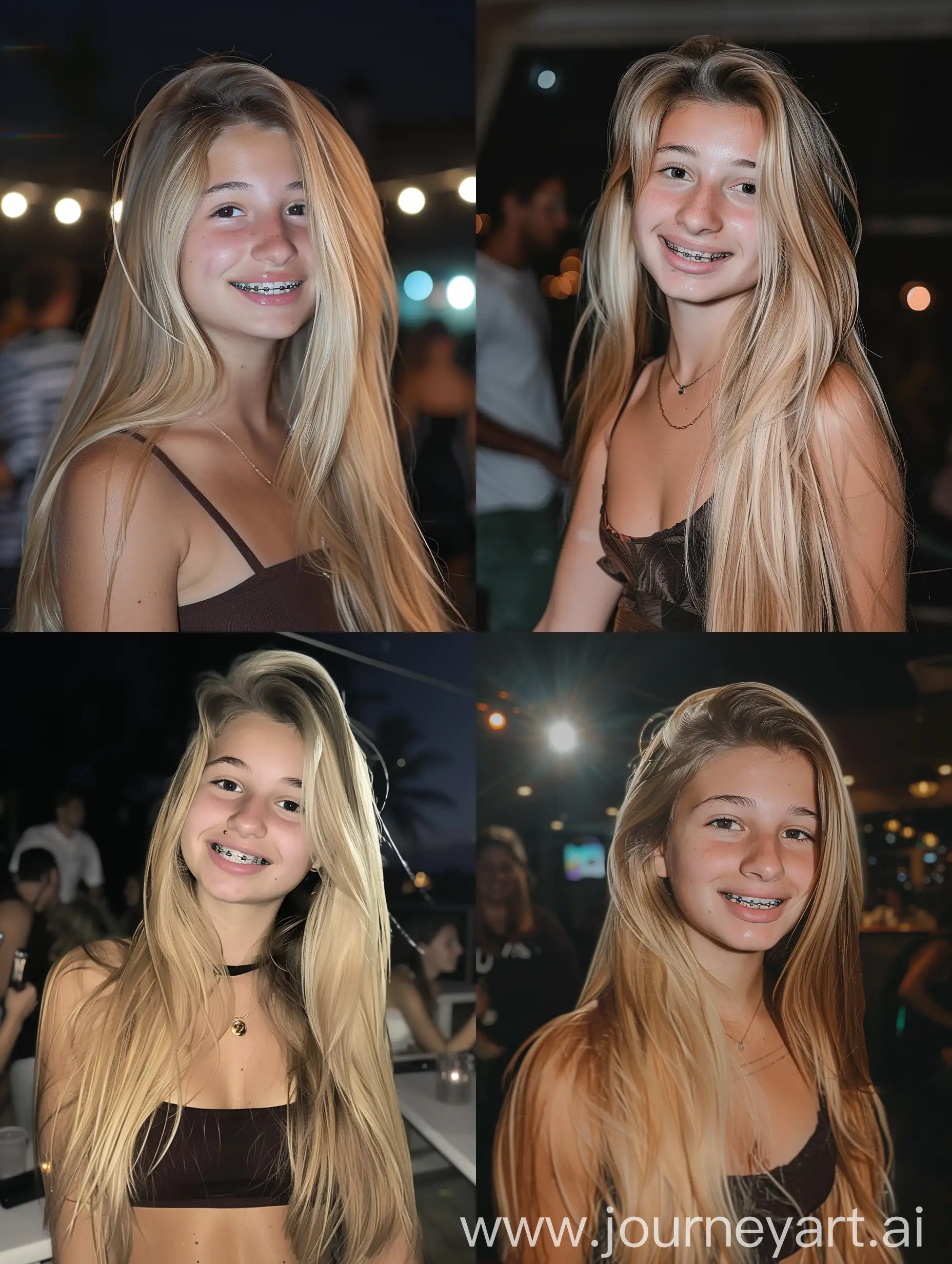 blonde girl, 19 years old, blond hair, at the party, at night, flash, flash light, , makeup, beauty, black dress, fitness, smilling, dental braces