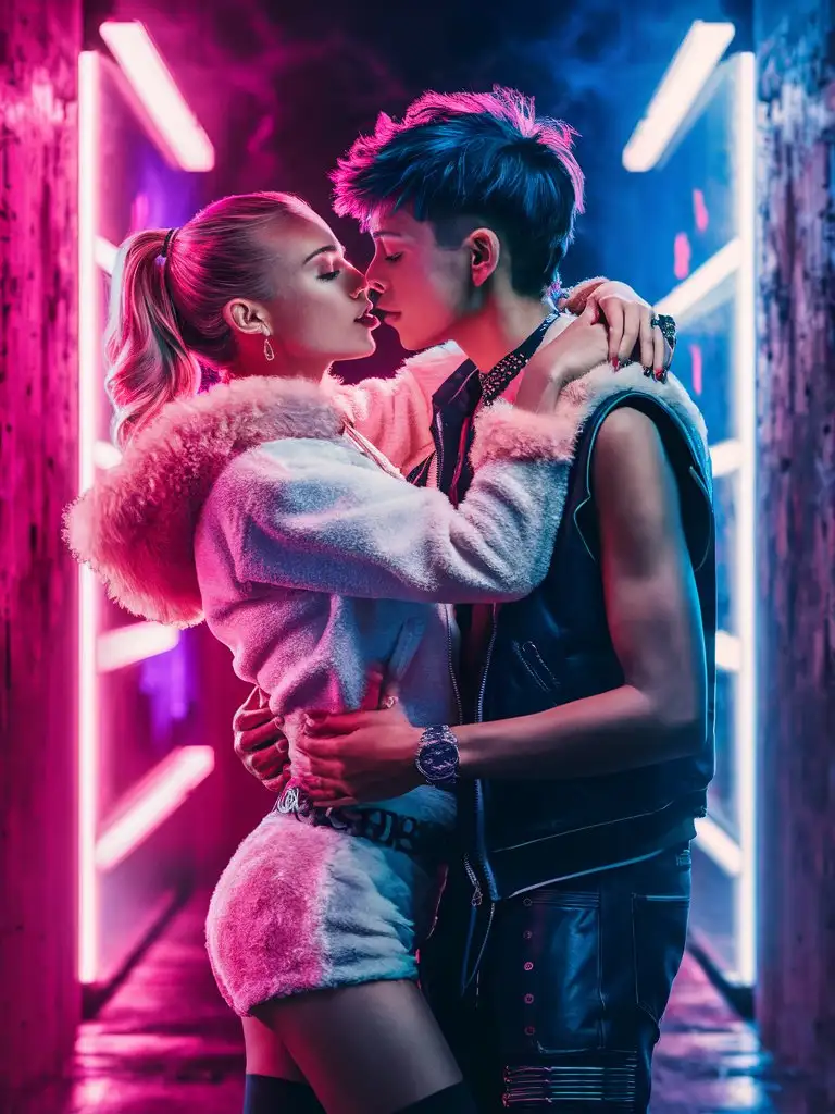 Edgy-Teen-Cyberpunk-Couple-Embracing-in-Neonpunk-Reality-TV-Scene