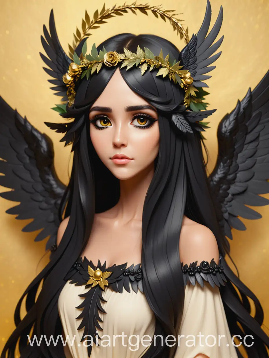 Изображение Фемиды с черными длинными волосами, у нее черные крылья и венок на голове. Все это  на золотом фоне 