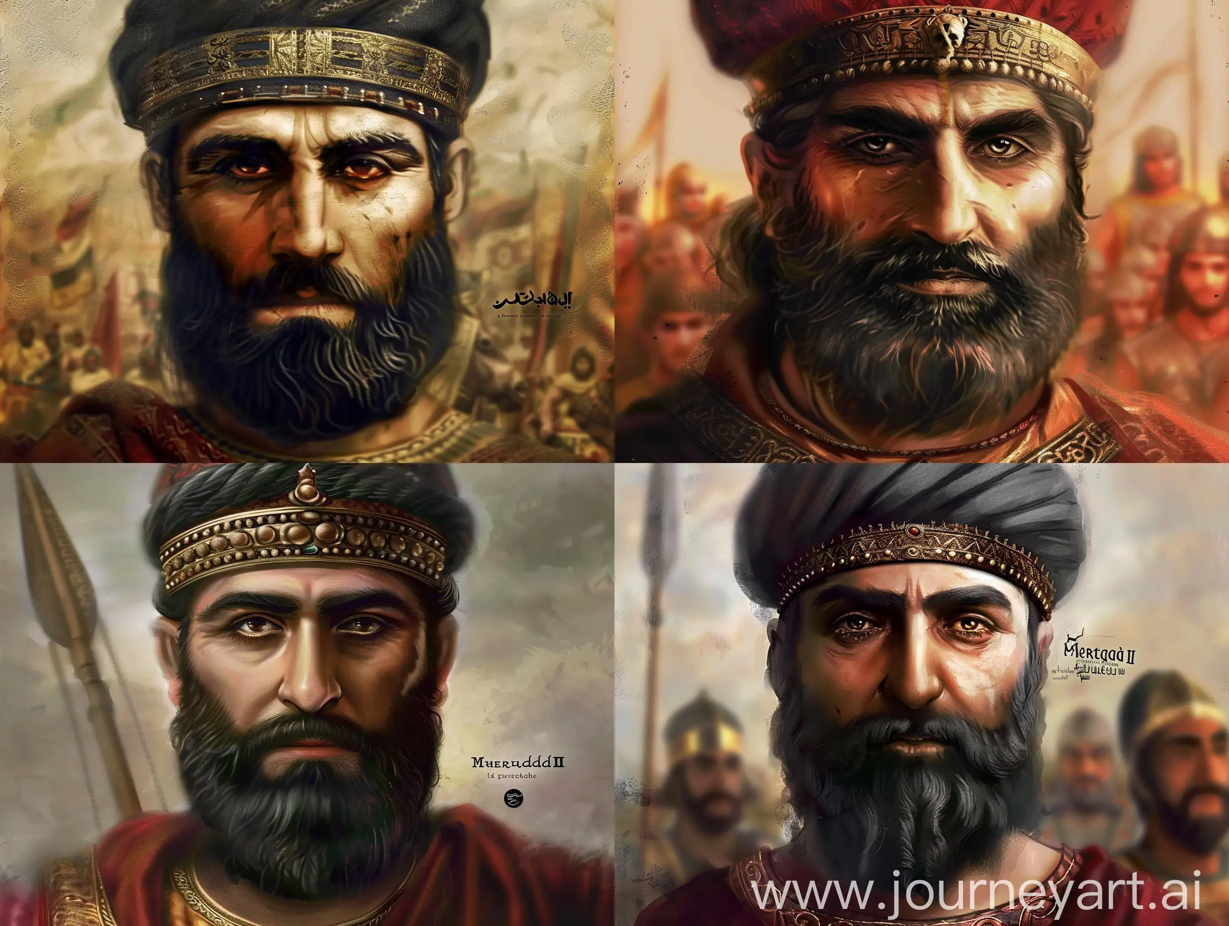 The face of Mehrdad II, the great king of the Parthian dynasty, based on the given image, recreate Mehrdad's face in an epic background.