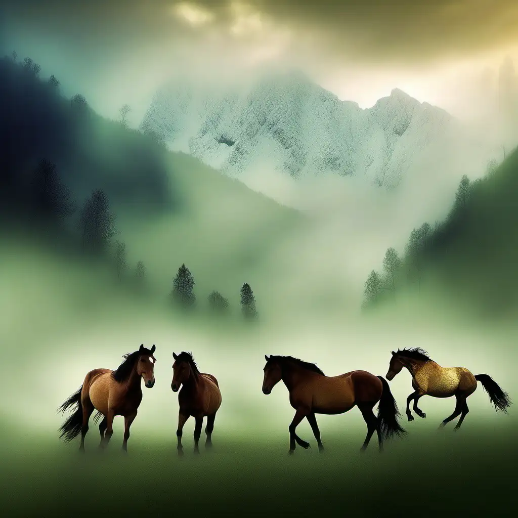 Climb the 'Mountains of Mystery' with the wild horses where peaks shrouded in soft green mists hide secrets, and pure golden echoes call to those brave enough to discover the truth
