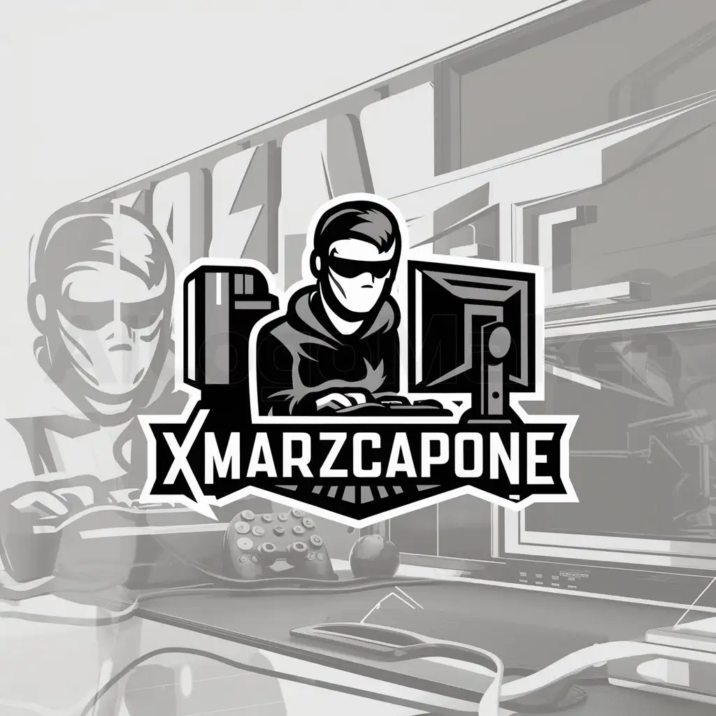 a logo design,with the text "xMarzCapone", main symbol:gamer with a mask and computer gaming,complex,be used in Others industry,clear background