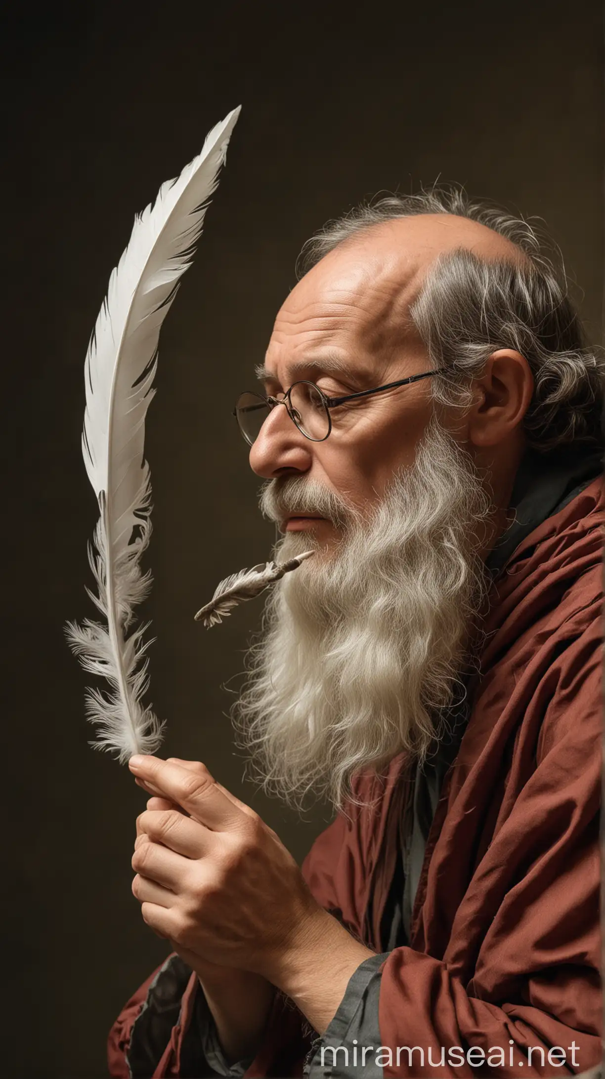 Contemplative Philosopher Blowing on Delicate Feather Artwork