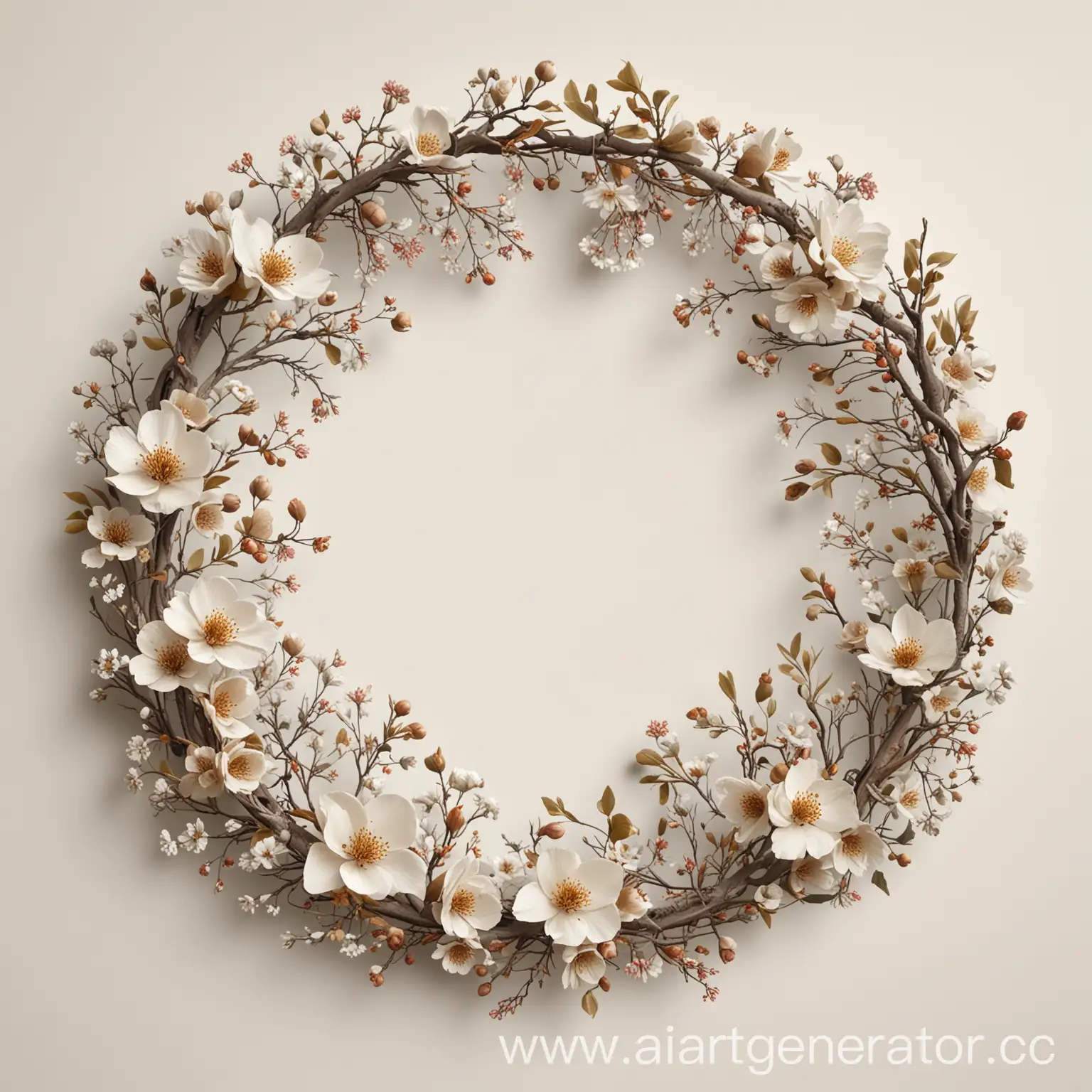 the image of different flowers on branches in a super realistic style. They are randomly in a circle arranged while an empty space remains in the middle. Mostly in beige shades. White background.