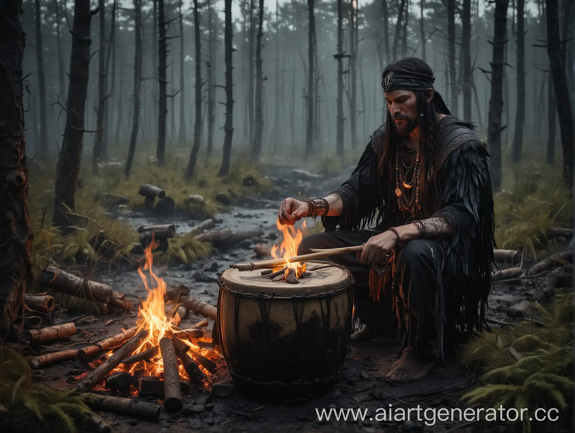 Shamanic-Ritual-Drumming-by-the-Bonfire-in-a-Dark-Forest-with-Raven-and-Runes