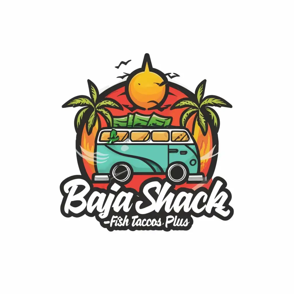 a logo design,with the text "Baja Shack - Fish Tacos Plus", main symbol:VW Bus, Surf Board and Fish,Minimalistic,be used in Restaurant industry,clear background