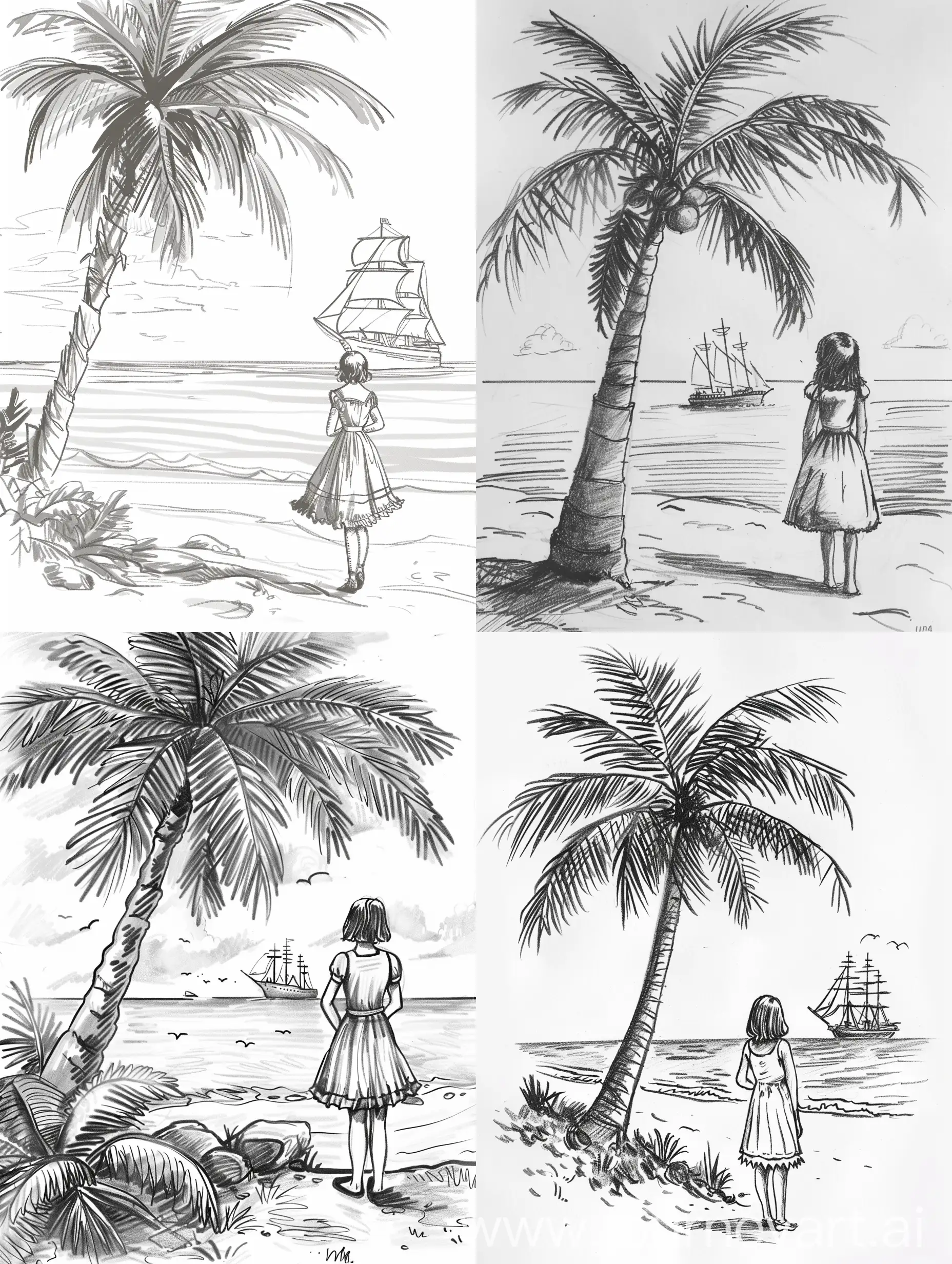 Нарисуй девушку стоящую в платье под пальмой на берегу моря Ина смотрит на корабль в вдалеке