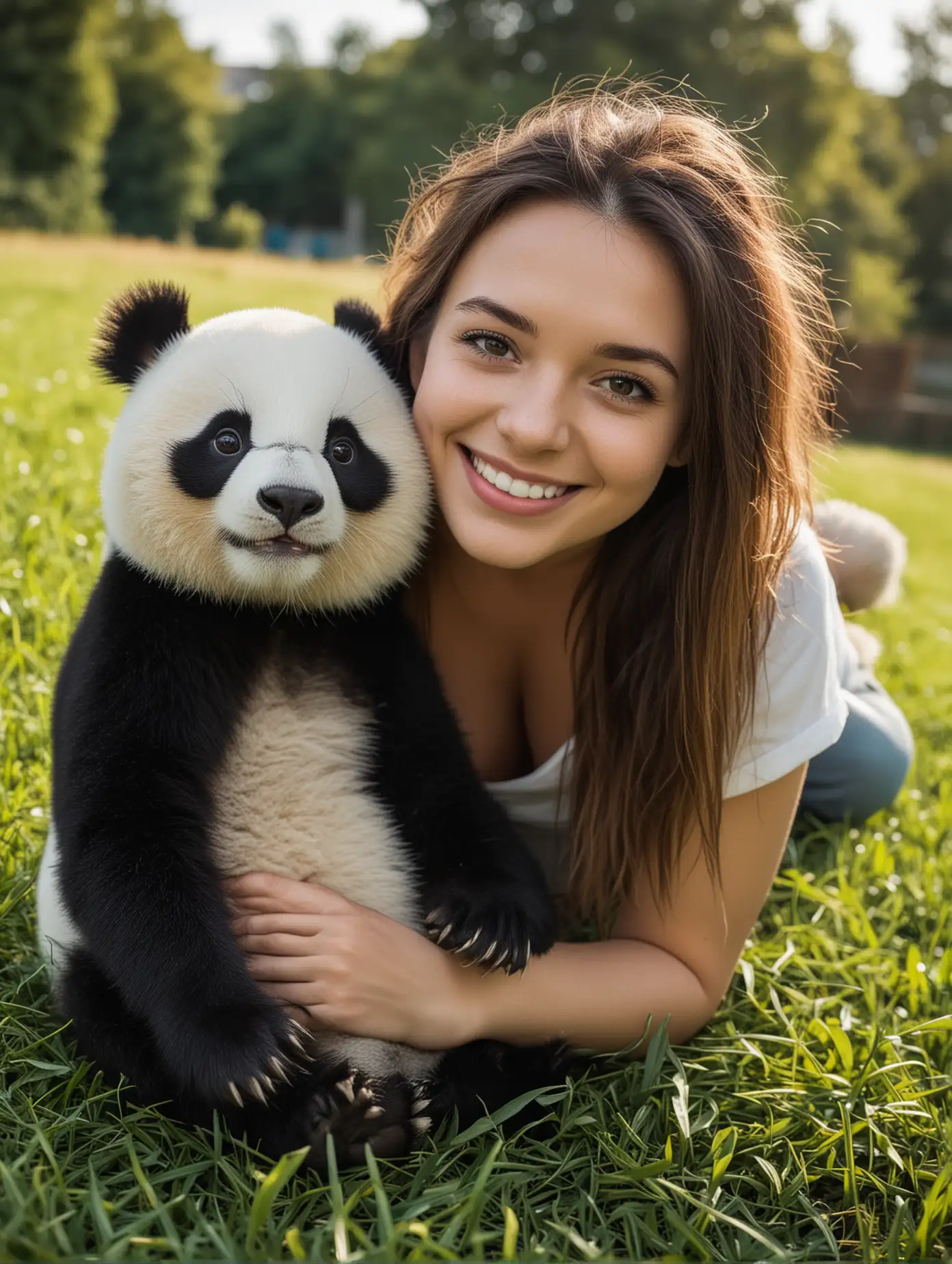 Cheerful Woman Poses with Panda in Sunny Outdoor Photoshoot