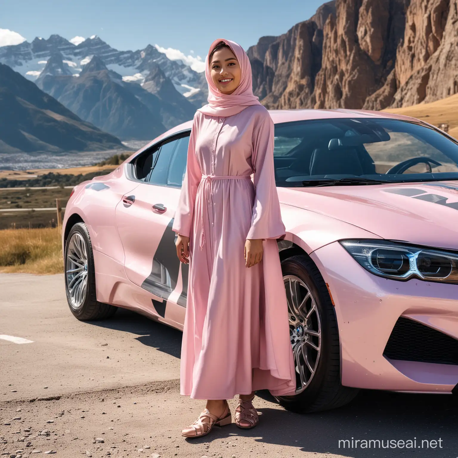an asian girl next to the door of a pink bmw sport sport car, with an aerodynamic design, smiled faintly, wearing a hijab, abaya dress, long loose skirt maron shoes. In the background there are beautiful mountains under a bright blue sky. Mountains have different patterns, showing different distances and heights. The lighting is natural and bright, highlighting the shiny surfaces of the car and creating reflections on them.