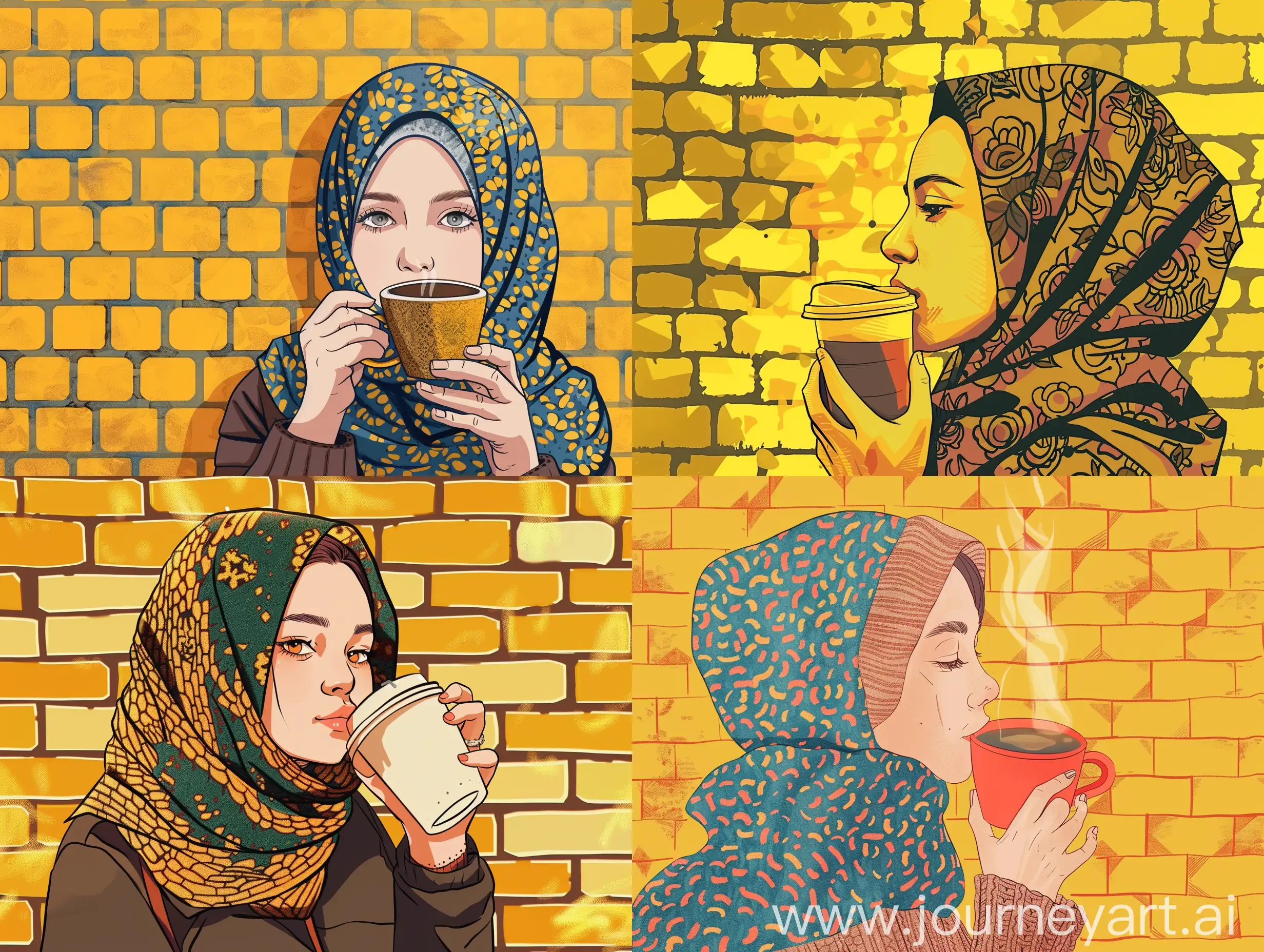 Profile photo of a girl with a headscarf drinking coffee with a background of yellow bricks