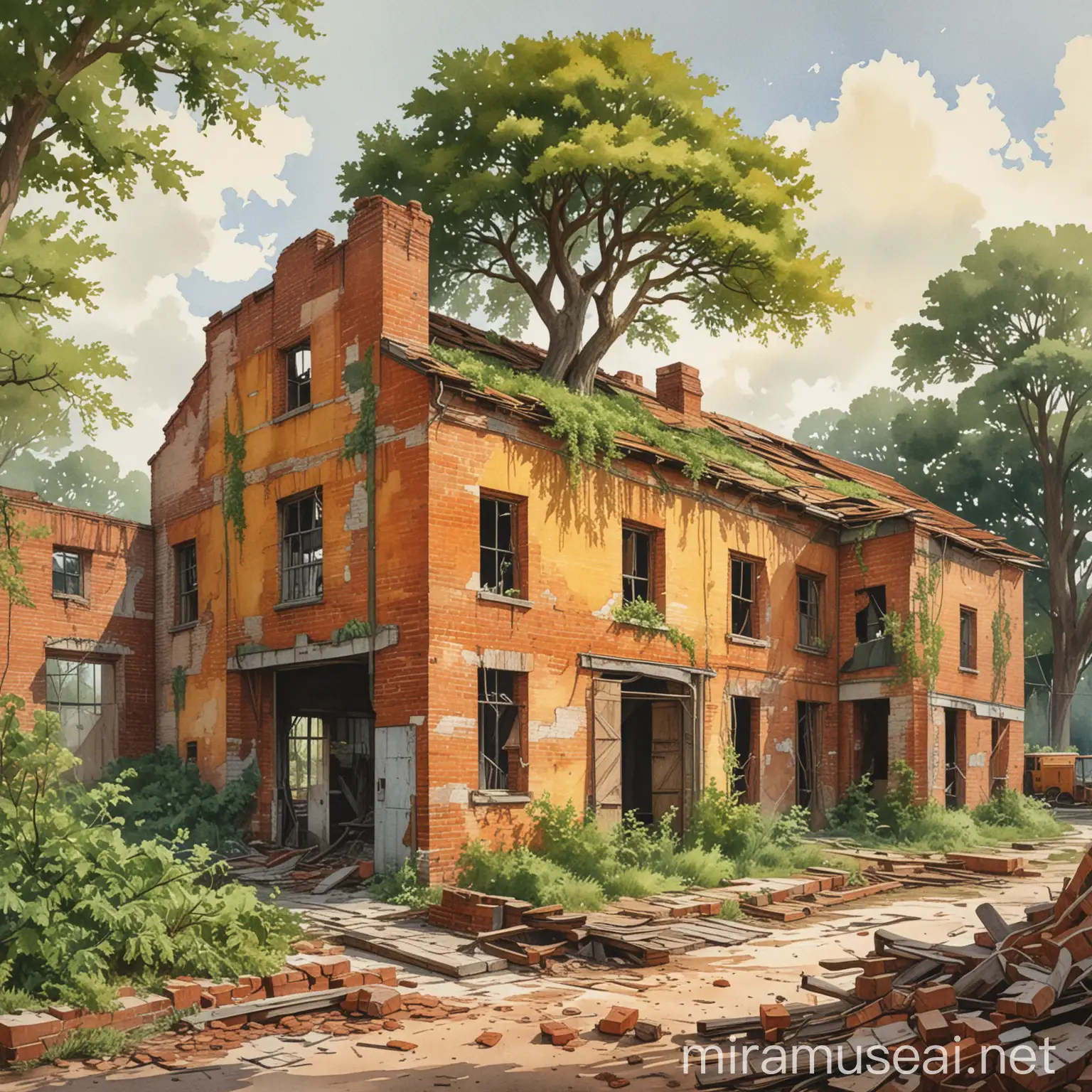 A watercolor painting of a ruined factory with orange and yellow brick siding. The factory has a slanted, vegetated, broken roof, with a giant green oak tree growing in and through its roof. The illustration is wooden-framed with the words 'Pax Fabrica'.