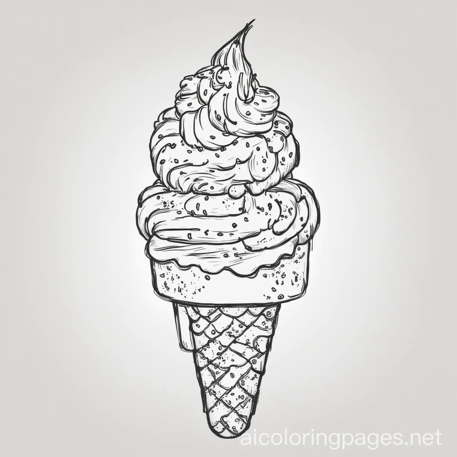ice cream , Coloring Page, black and white, line art, white background, Simplicity, Ample White Space. The background of the coloring page is plain white to make it easy for young children to color within the lines. The outlines of all the subjects are easy to distinguish, making it simple for kids to color without too much difficulty