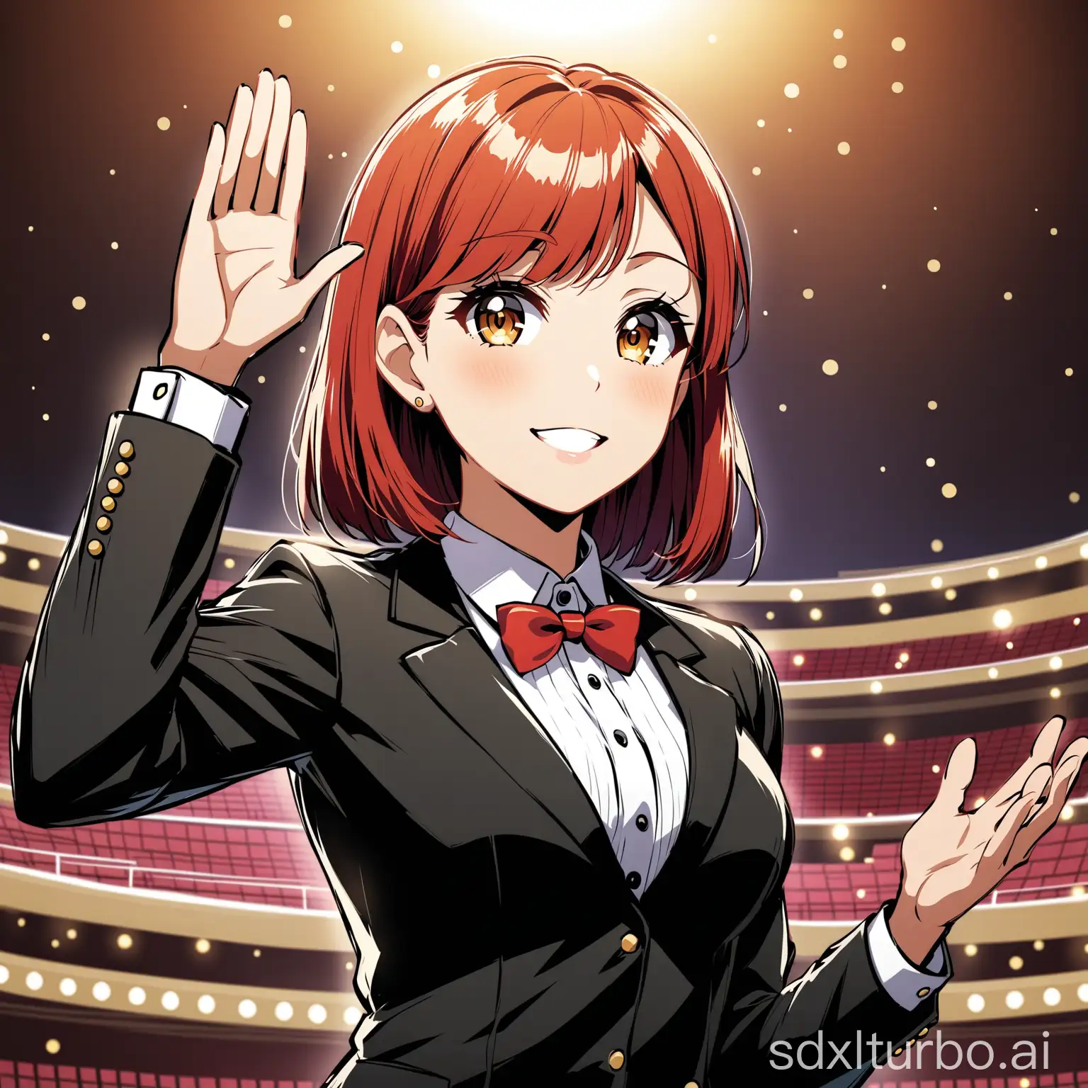 Elegant-Female-Usher-with-Raised-Hand-Gesture