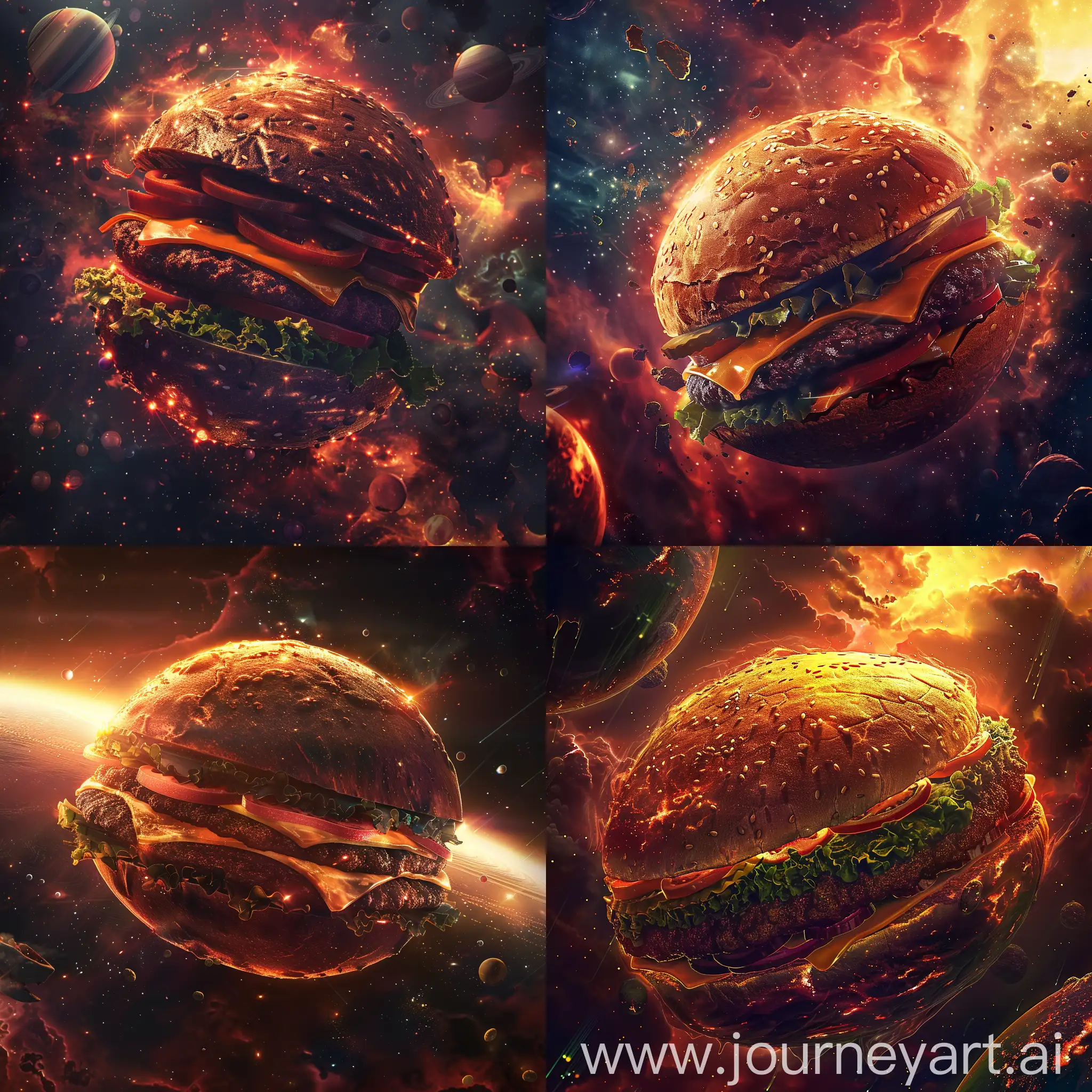 a giant burger-shaped planet floating in space, intricate details, highly detailed, photorealistic, dramatic lighting, glowing atmosphere, celestial background, outer space, planets, stars, nebulae, cinematic composition, stunning visual effects, realistic textures, mouthwatering, appetizing, surreal, imaginative, conceptual art