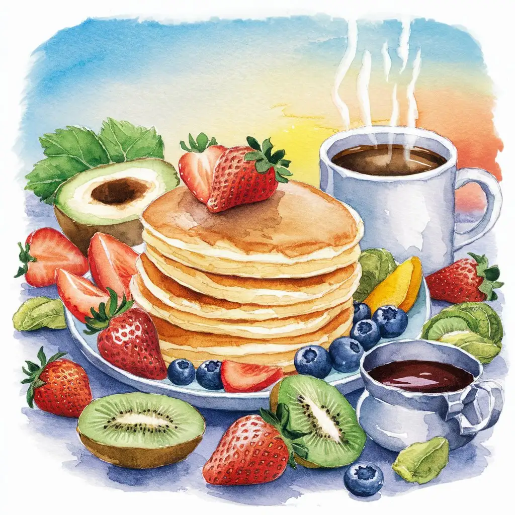 A watercolor painting of a delicious breakfast spread with pancakes, fruit, and coffee, suitable for notebooks.