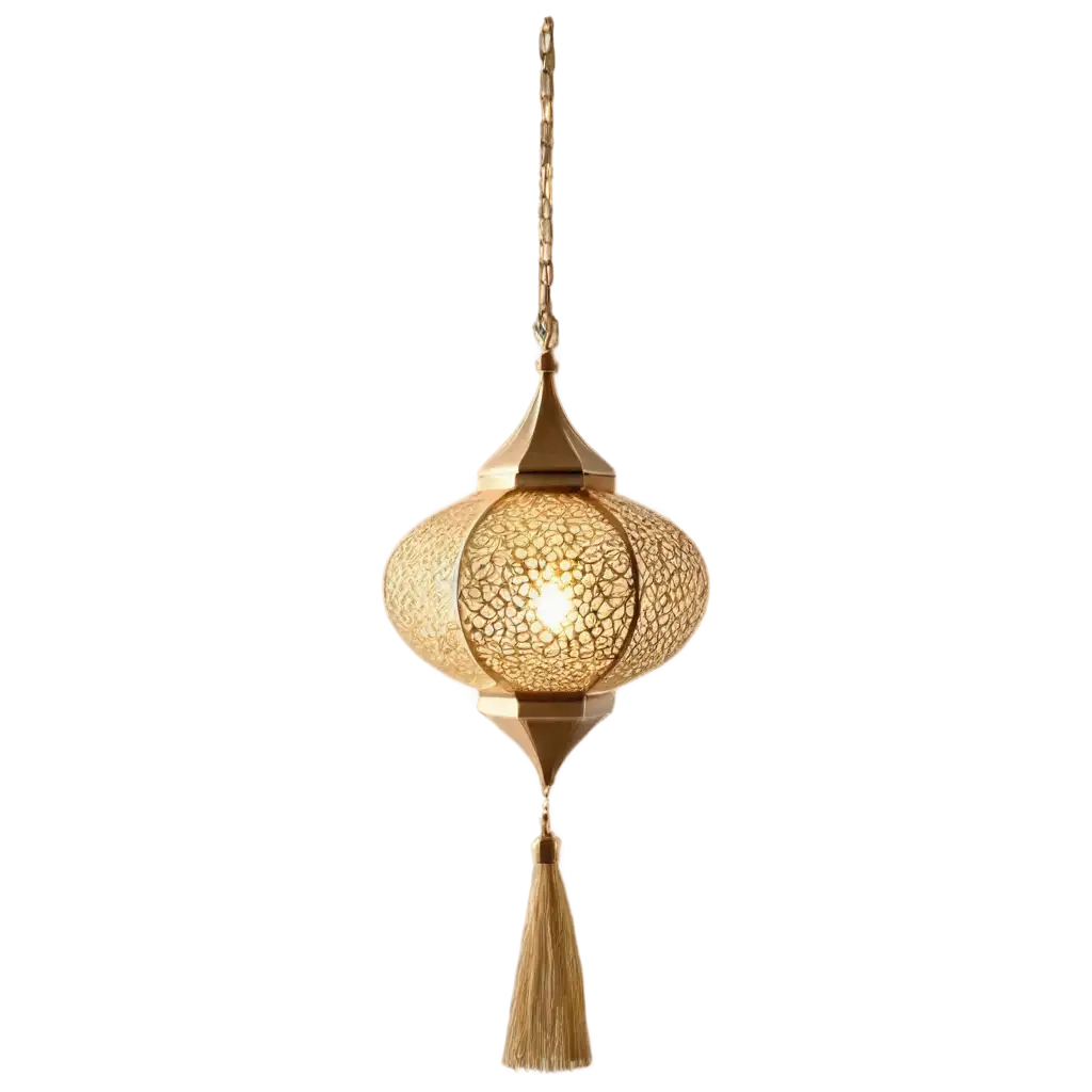 Create an ornate, gold hanging lamp with a Moroccan design. The lamp should have intricate patterns and details, featuring a combination of smooth and textured surfaces. Ensure it has a traditional, slightly elongated shape with a rounded base. The lamp should be suspended from a chain and set against a neutral, gradient background to emphasize its elegance and craftsmanship with transparent background.