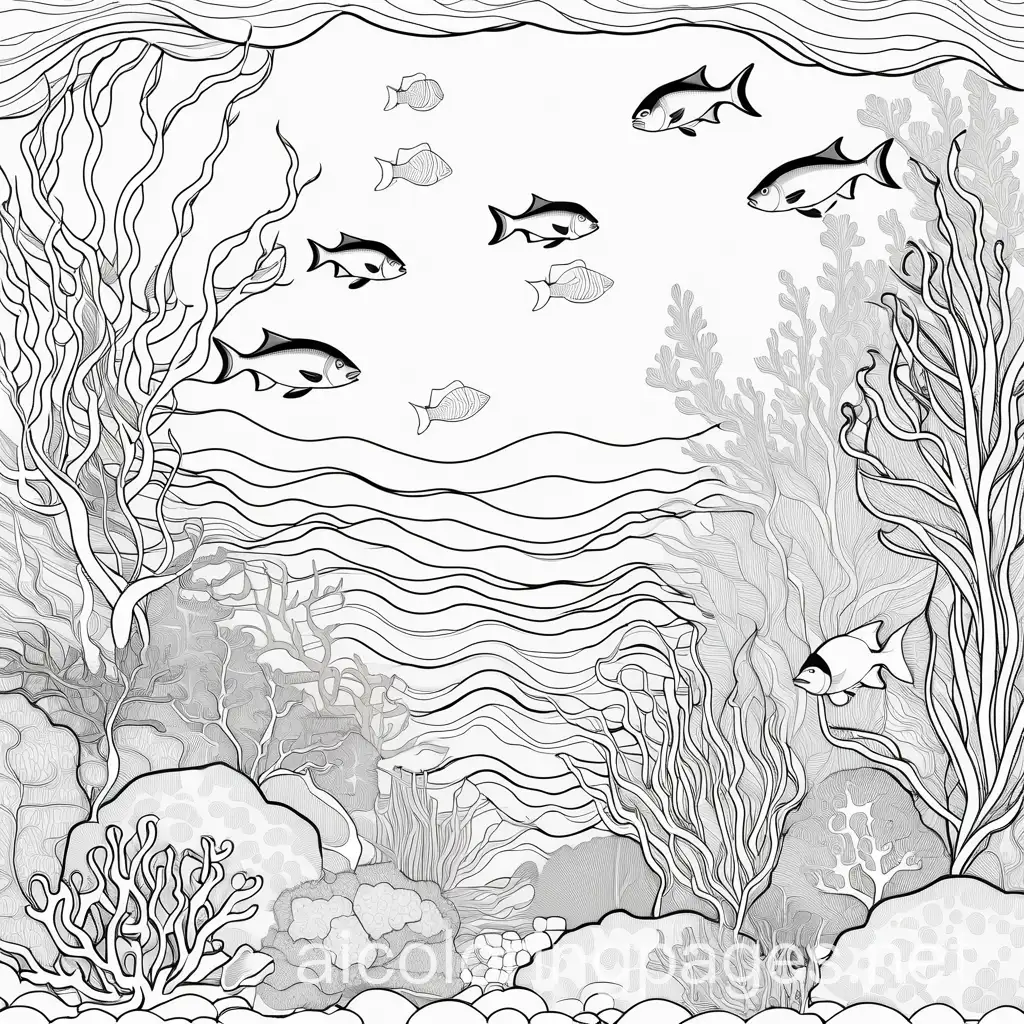 Underwater Adventure: Coral reefs,, Coloring Page, black and white, line art, white background, Simplicity, Ample White Space. The background of the coloring page is plain white to make it easy for young children to color within the lines. The outlines of all the subjects are easy to distinguish, making it simple for kids to color without too much difficulty