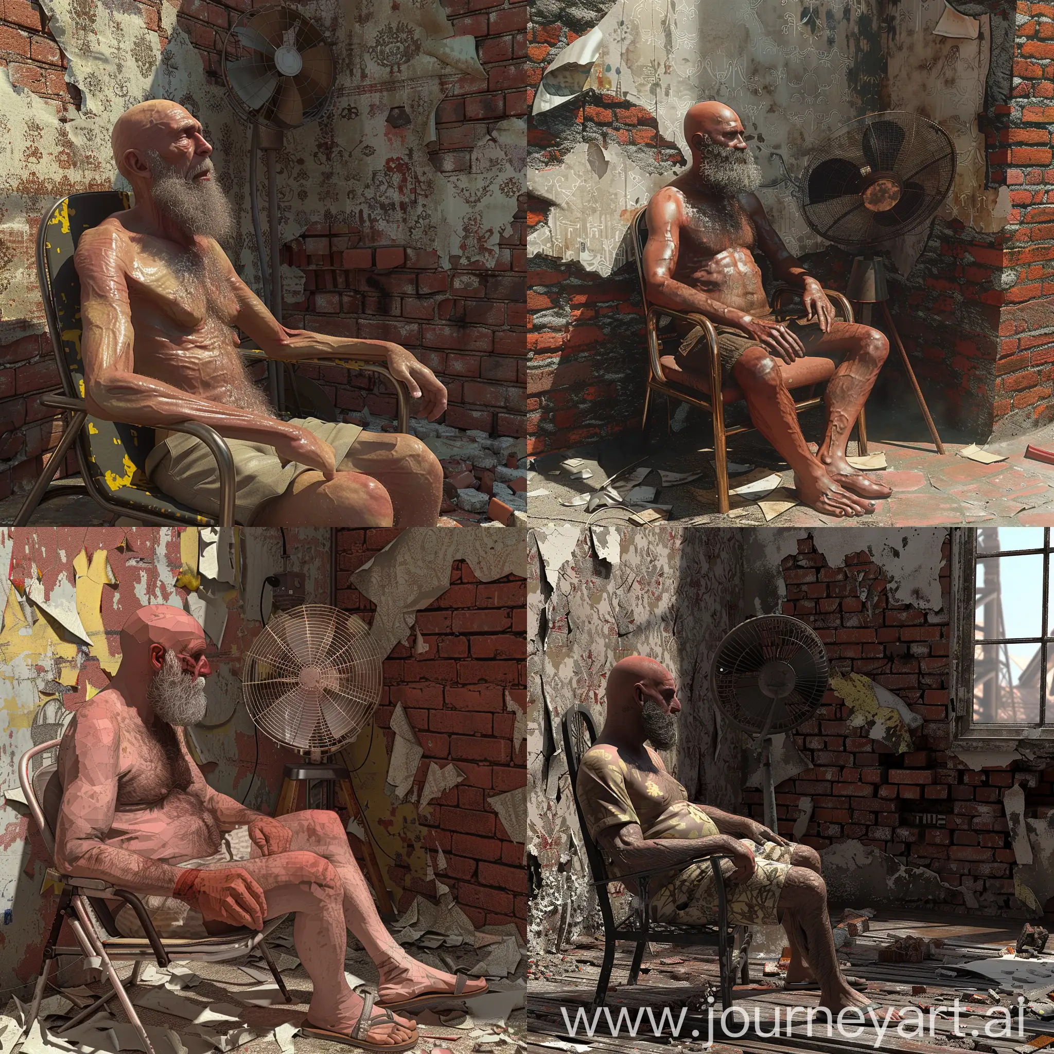 A bald bearded 55-year-old man in a brick slum sits in a chair next to torn wallpaper and cools off under a fan in 2D.