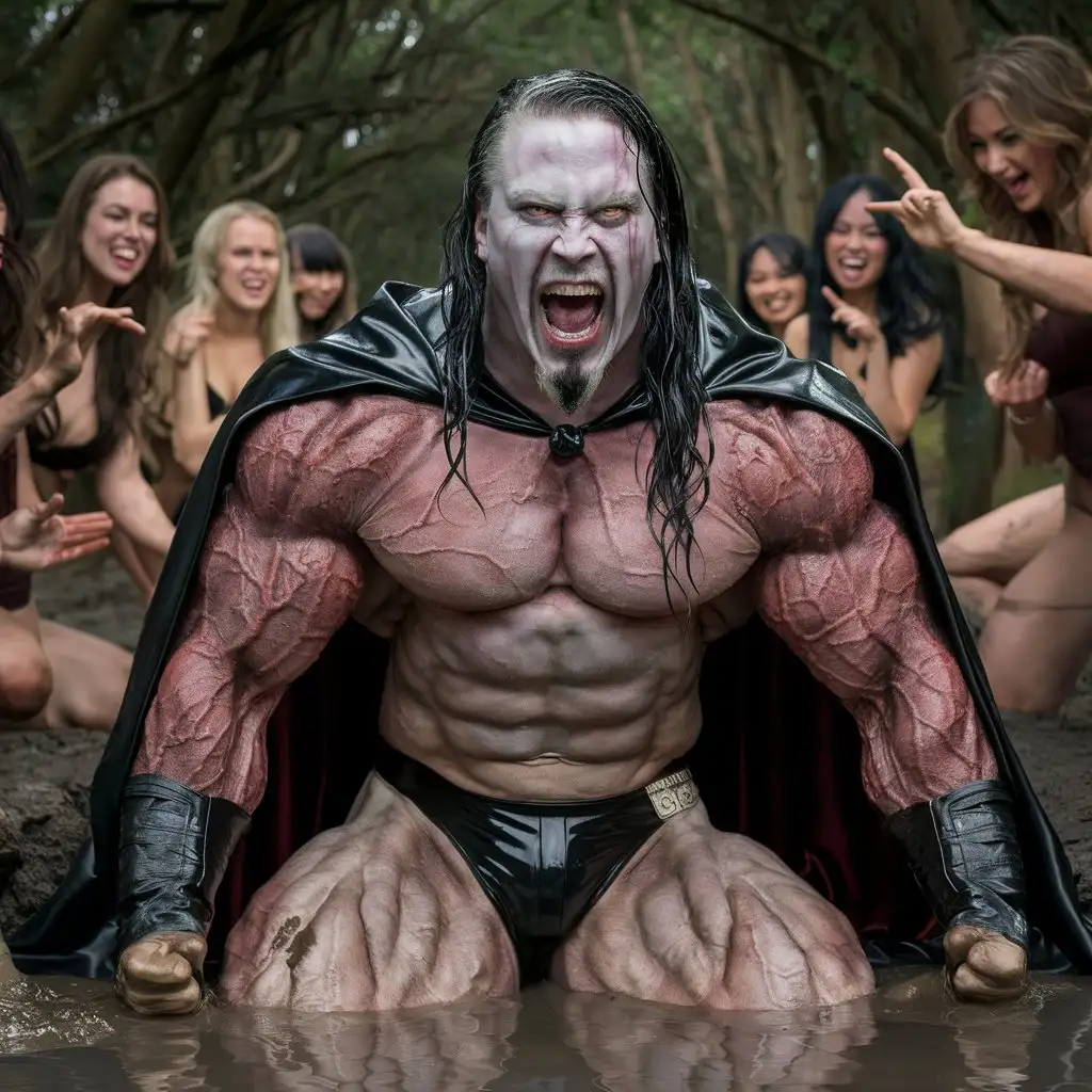 (Realistic full body, in a forest) Adrian is the muscular bodybuilder in the world. He is a disgusting and evil king. He is the most evil and hated man in the world. He has a sinnister and perverse face. He has pale skin. He has long, wet, black and slicked back hair and a long goatee. He is wearing a black latex speedo and a black royal cape. Hes has enormous muscles covered in veins. He is furious and screaming in rage. He is laying in a pool of mud. Around him is a group of women laughing and pointing fingers at him.