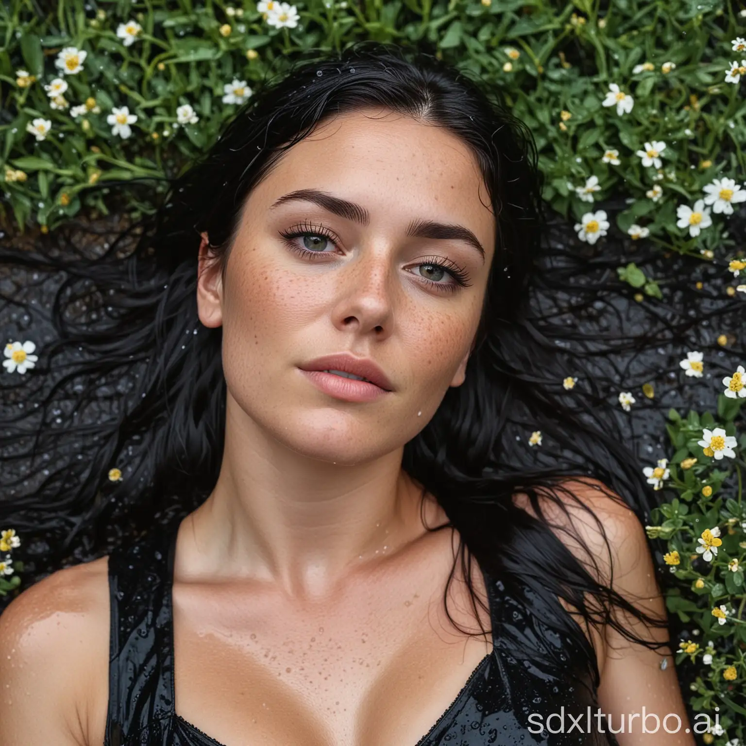 30 year old girl with dark hair, deep gaze, freckles, lying among the flowers while it rains, wet black dress and wet hair