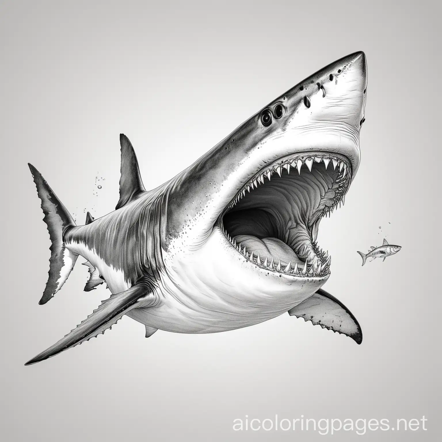 great white shark open mouth with one small fish that does not look like shark near it. the fish is just swimming on top of the shark, Coloring Page, black and white, line art, white background, Simplicity, Ample White Space.