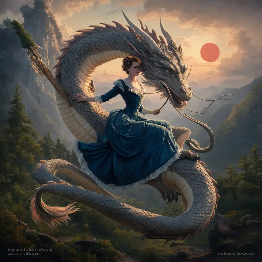 a painting of a woman and a dragon, a picture, by Raymond Han, michael garmash and rob rey, painted by andreas rocha, alice x. zhang, realistic oil paint