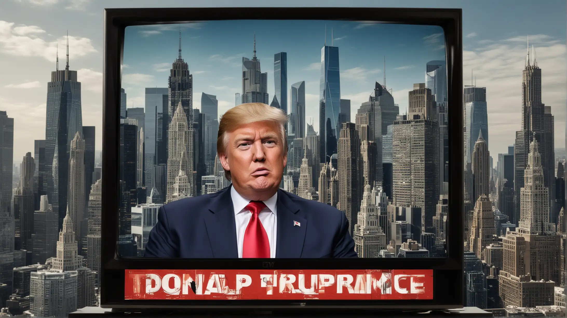 An image of Donald Trump on a television set, with visuals of skyscrapers bearing his name and scenes from "The Apprentice," symbolizing his background as a successful businessman and TV personality known for his controversial and direct style.