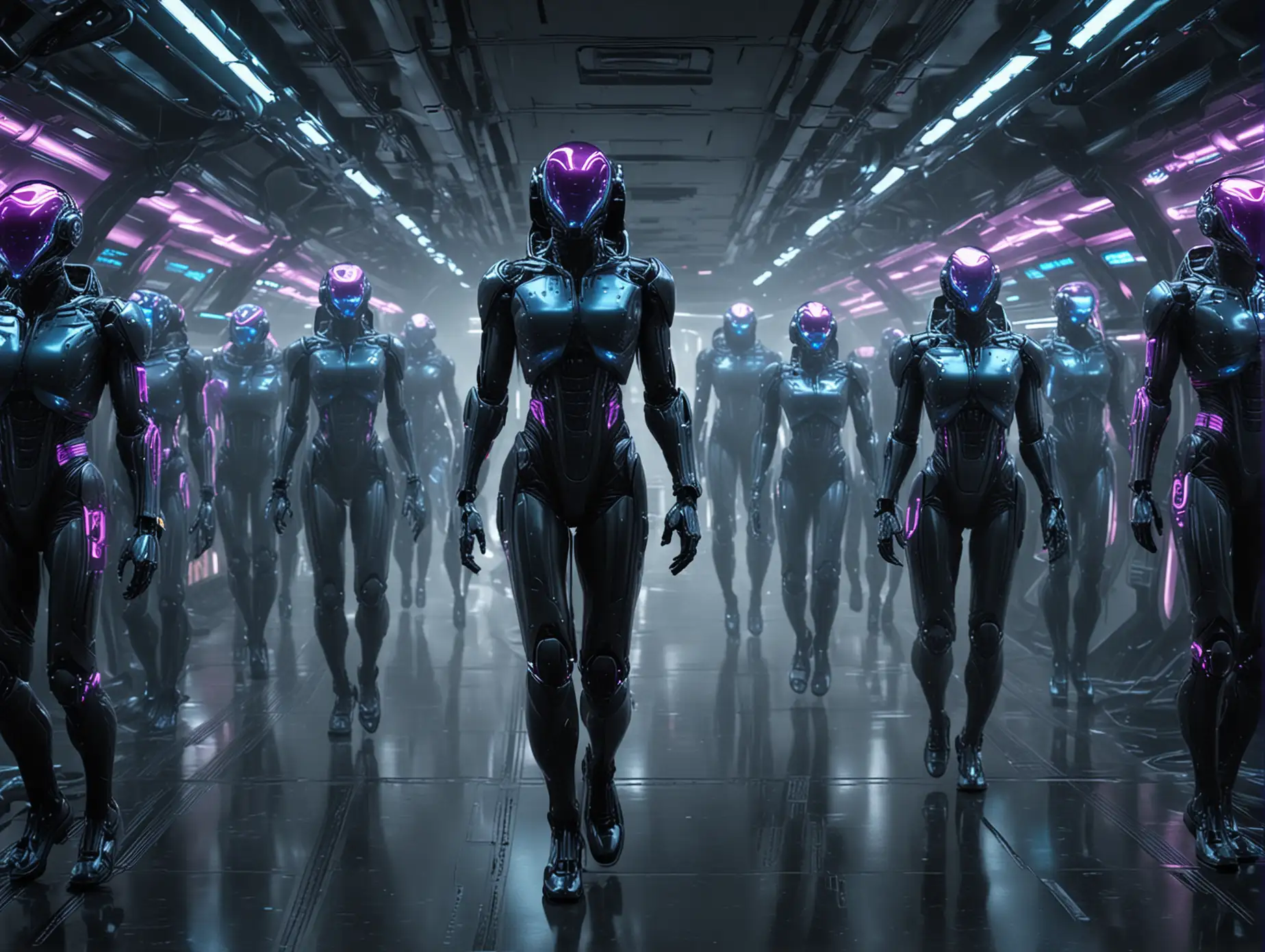 Generate a picture of a number of cyborg humans in slick black space suits in suspended animation aboard an alien space ship. The picture should have a blue and magenta neon color theme.
