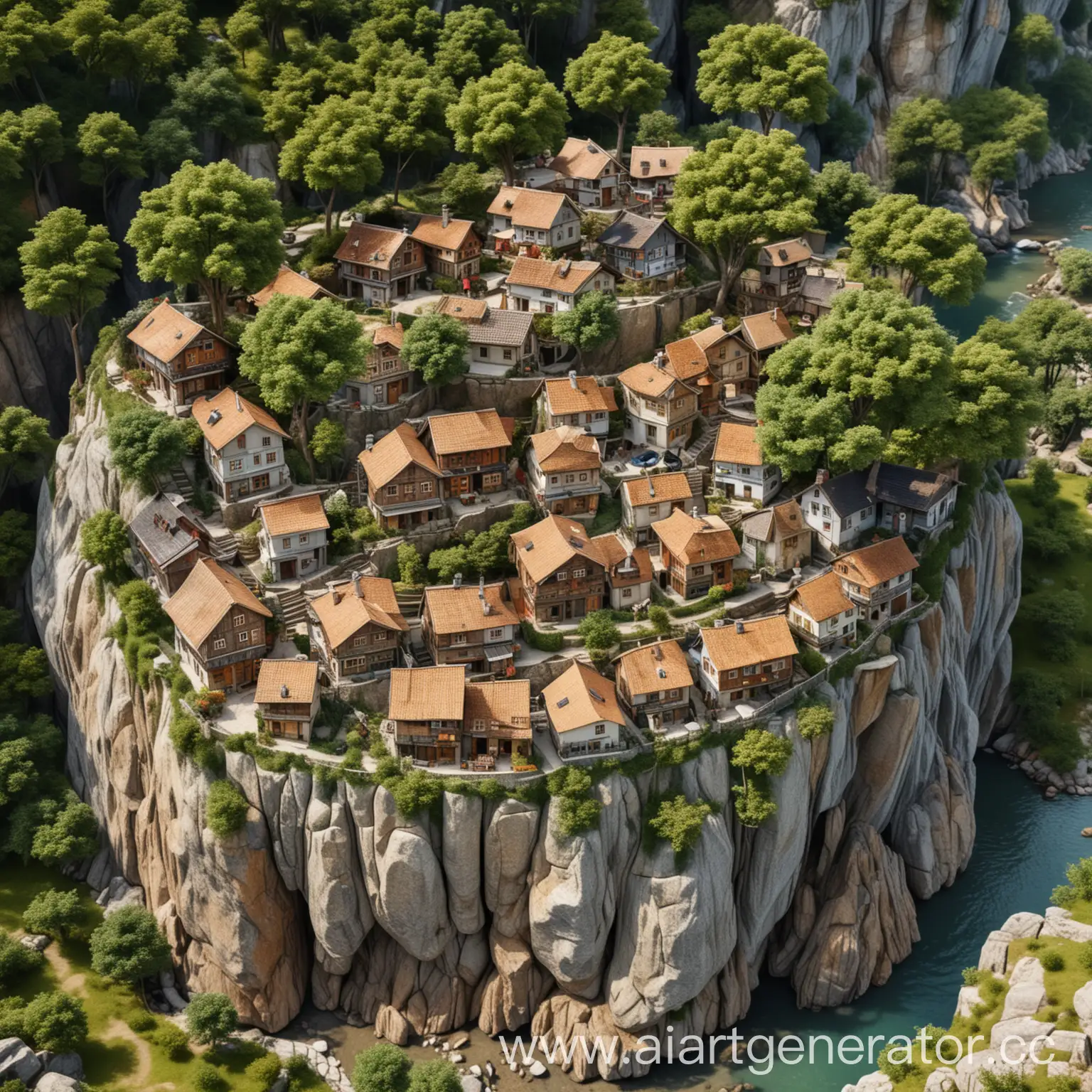 Aerial-View-3D-Village-Landscape-with-Wooden-Houses-and-Rock-Formation