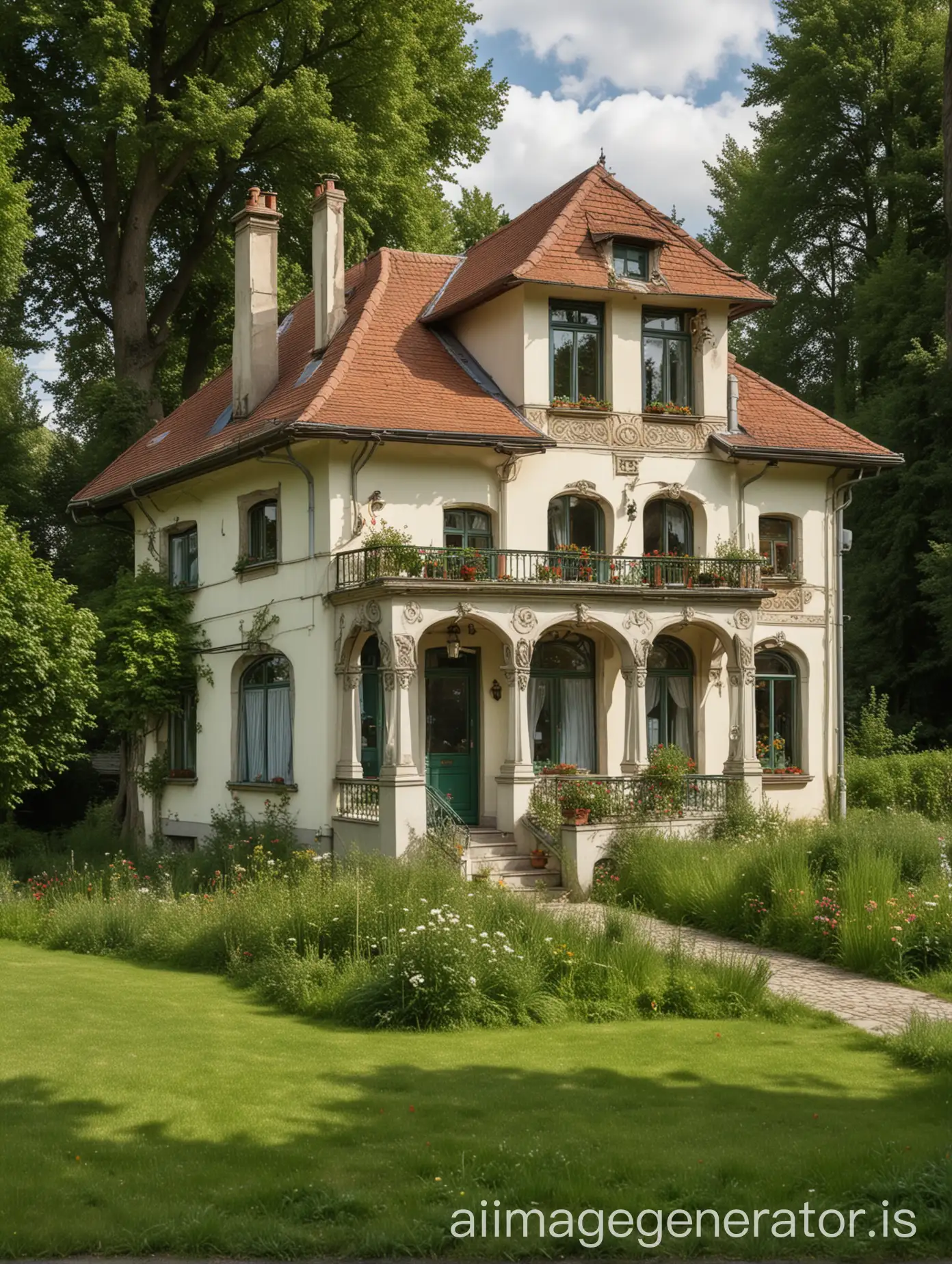 An Art Nouveau, small comfortable house, surrounded by meadows