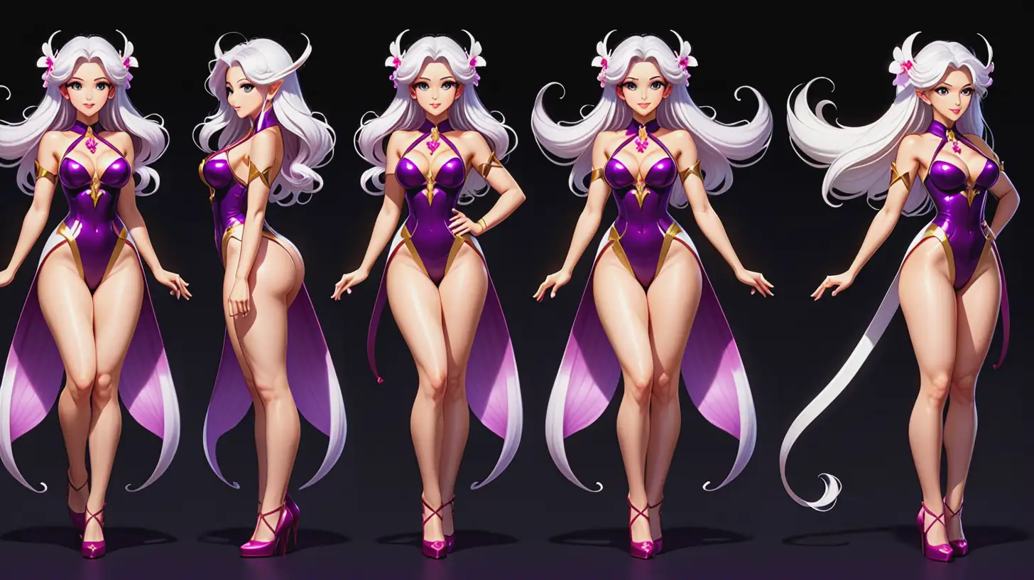 Create a sprite sheet featuring full body poses of a beautiful orchid nymph inspired by but distinctly different from Sailor Mars. This character should have long white hair, dark purple eyes, and olive skin. Each pose should convey a different action or emotion, such as singing, sitting, yelling, laughing, thinking, and crying. The character should have a graceful demeanor. The background should be transparent to focus on the character’s design.