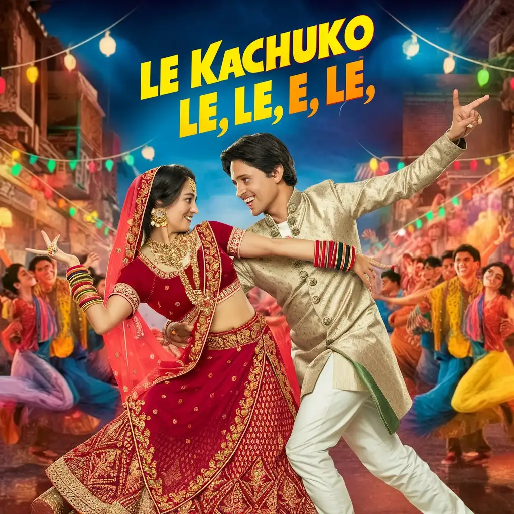 Bollywood Style Movie Poster, Indian Gujarati Couple Jarati Boy Title: "Le Kachuko Le, Le, Le, Le"