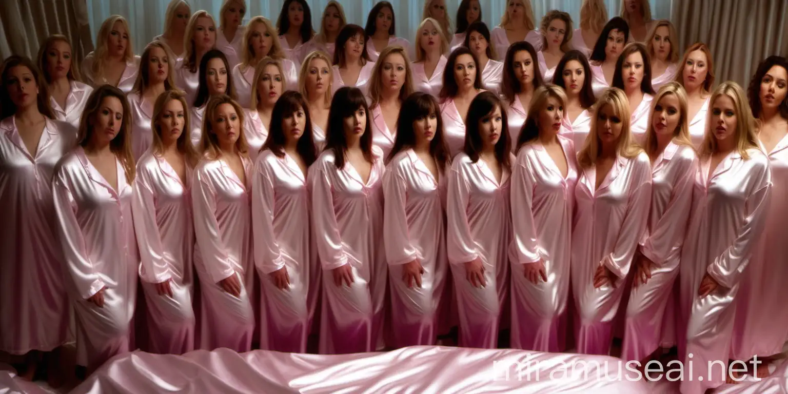 Sensual Gathering Women in Milky Satin Nightgowns on Giant Bed