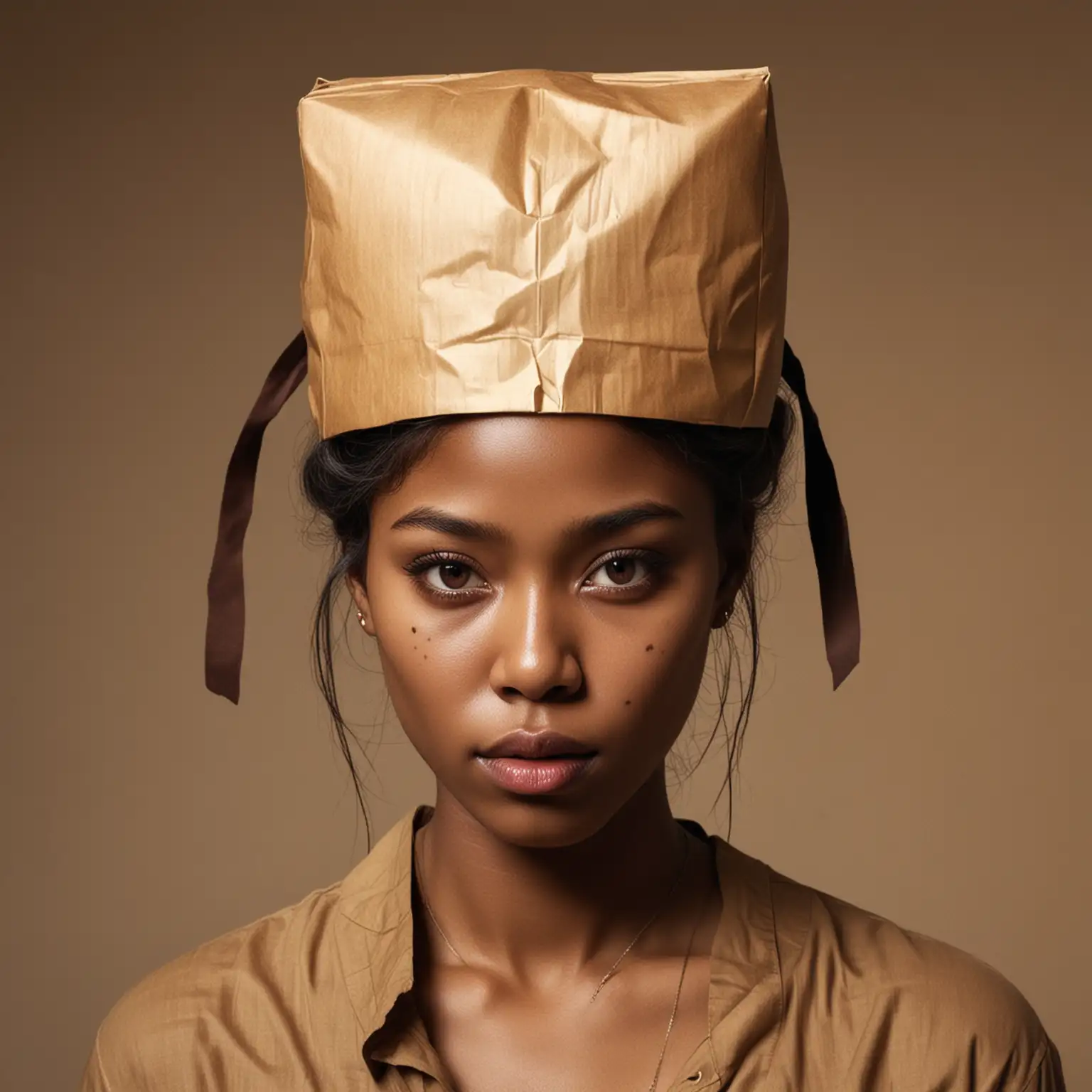 A man with a paper bag on his head, hiding his face with a touch of mystery and anonymity.
Mocha Skin Tone,Bittersweet color eyes,High Pony Headband hairstyle, Angry tone
BURMESE RUBY Jewelry,  Necklace, Rings and earrings.Black woman painterly smooth, extremely sharp detail, finely tuned, 8 k, ultra sharp focus, illustration, illustration, art by Ayami Kojima Beautiful Thick Sexy Black women 
The woman's body parts such as chest, thigh, stomach, and abdomen are visible