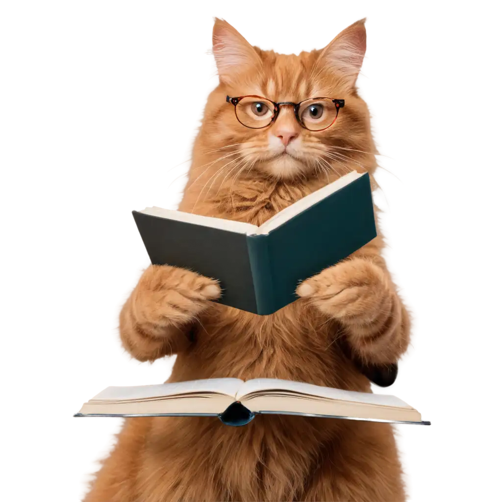 Ginger cat wearing glasses reading a book
