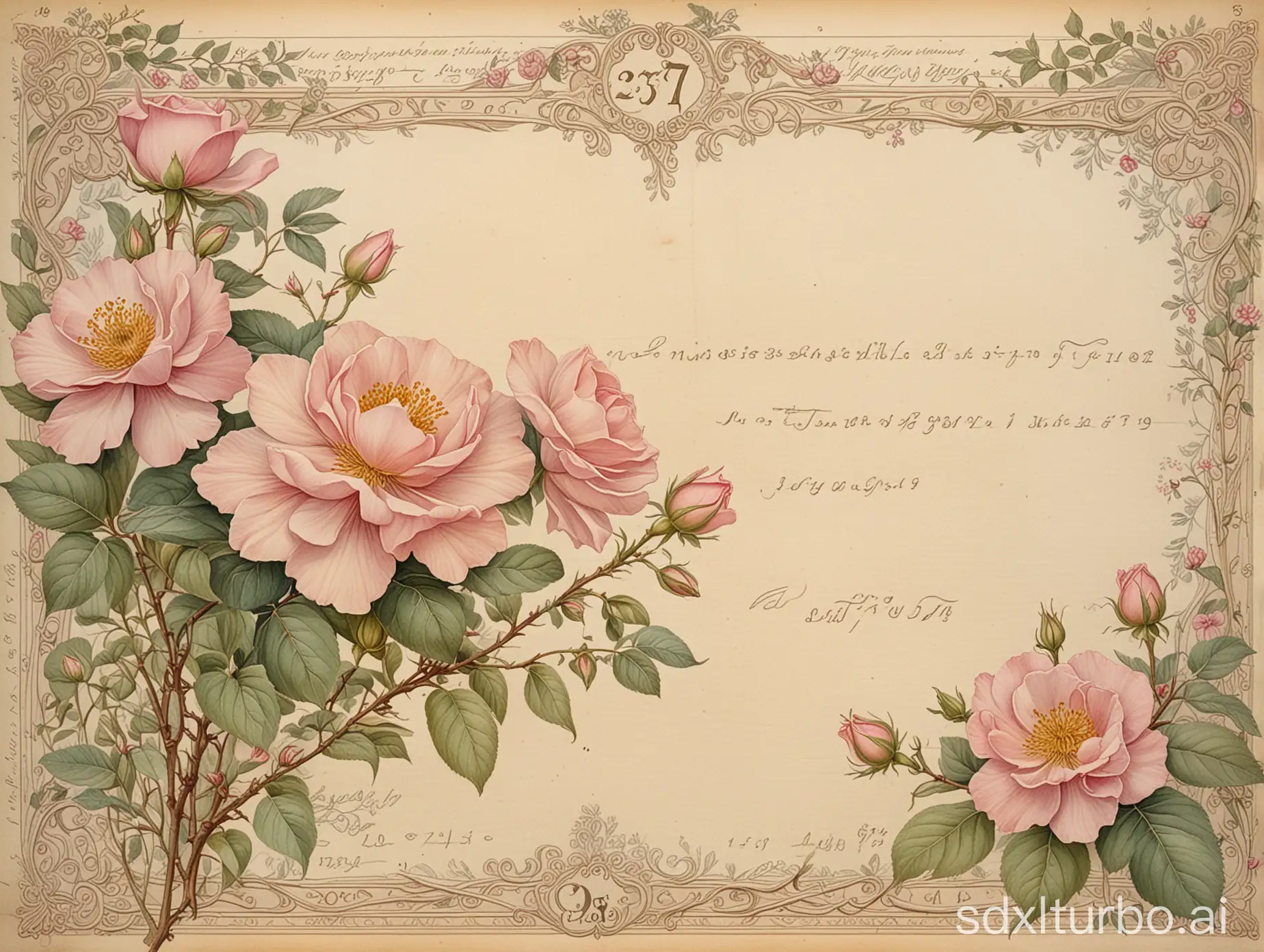 an old vintage ledger paper with handwritten numbers, bordered with delicate pale pink Wildroses, art nouveau embellishments, richly detailed delicate and intricate drawing and watercolor painting