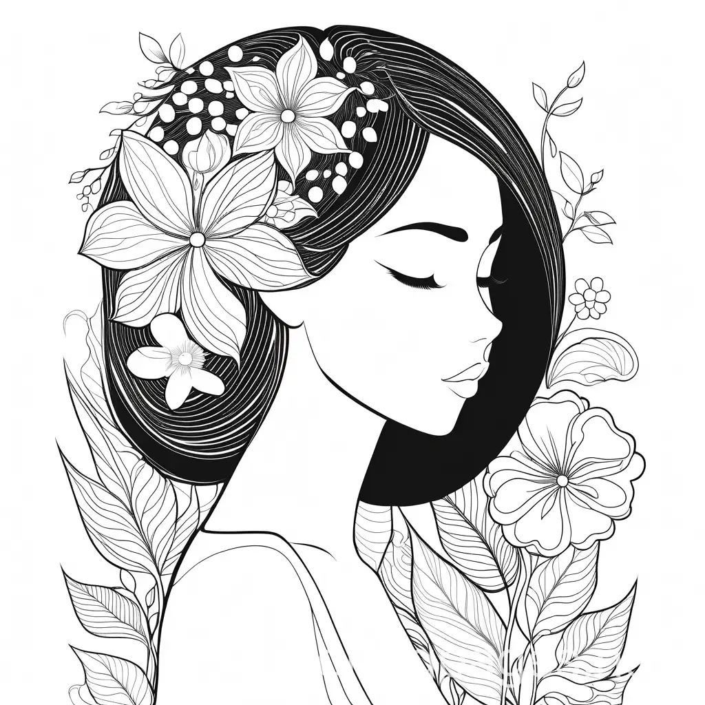 a combination of a person and a flower, Coloring Page, black and white, line art, white background, Simplicity, Ample White Space. The background of the coloring page is plain white to make it easy for young children to color within the lines. The outlines of all the subjects are easy to distinguish, making it simple for kids to color without too much difficulty