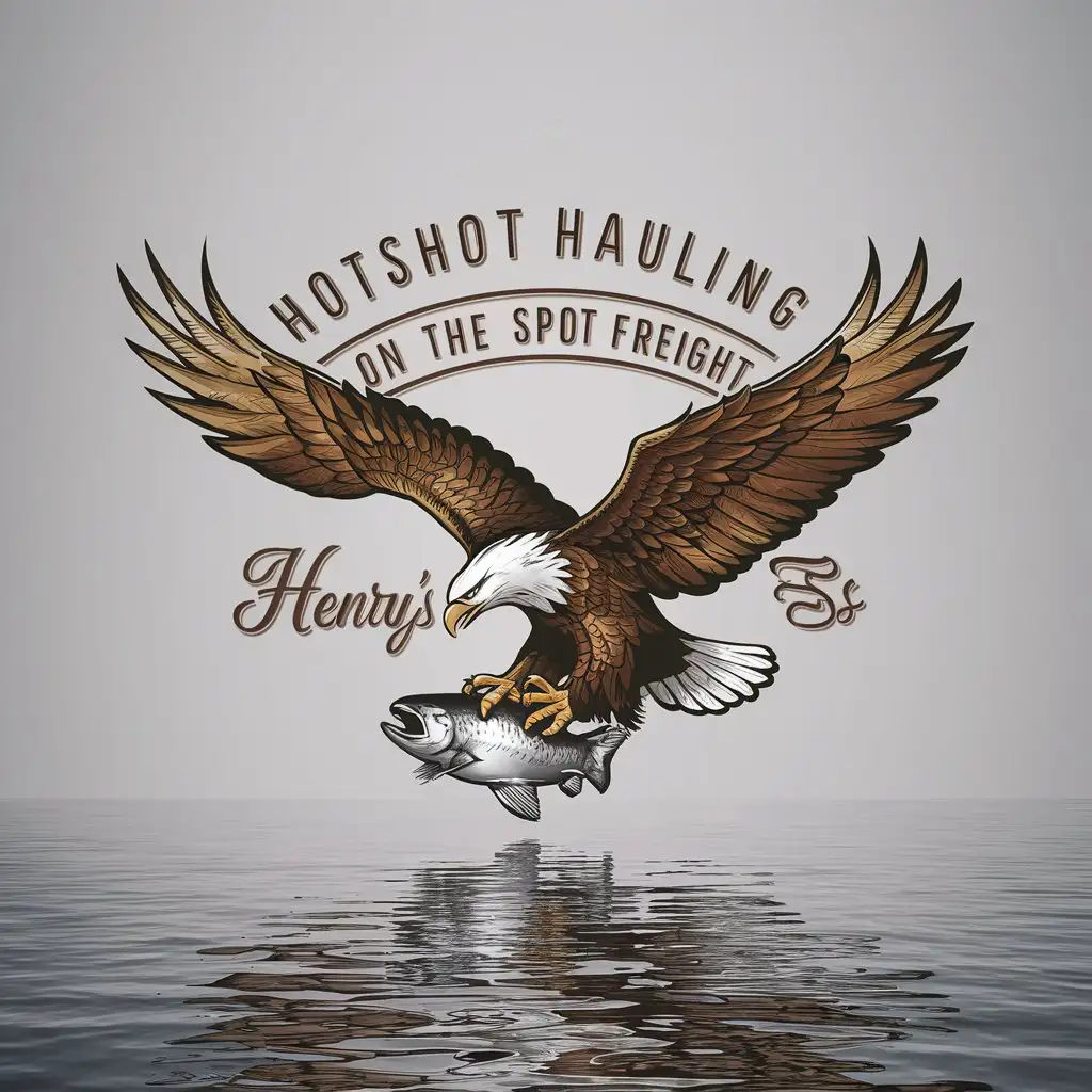 a logo design,with the text "hotshot hauling On the spot freight", main symbol:Eagle spreading its wings and feathers spanning the word Henry's as it is grasping a salmon in its claws just above the water,Moderate,clear background