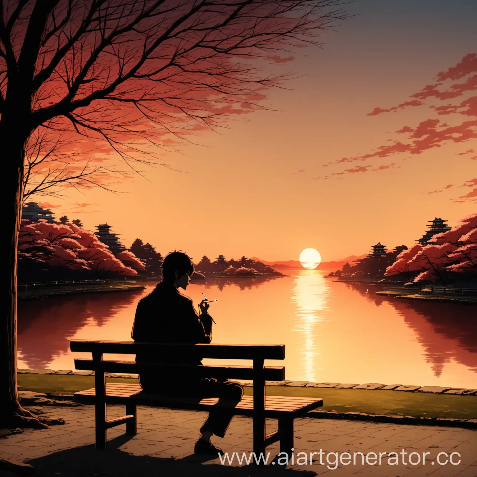 Парень сидит на скамейке в японском сквере и курит сигарету, смотря на уходящий за горизонт закат