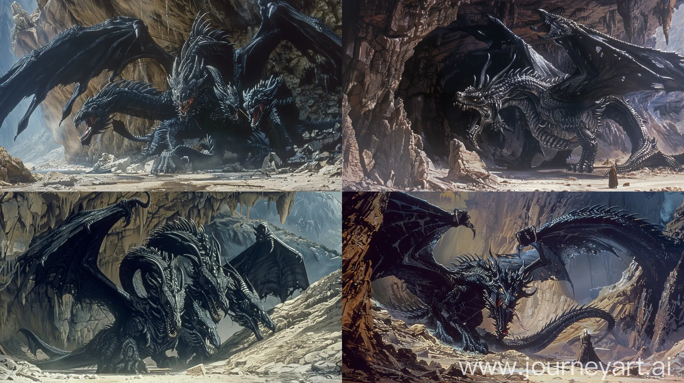 dvd screenshot of 1987 Dark Souls fantasy film Illustrated. A scene, under a stony mountain, a huge black dragon, with incredible 4 heads. Dark fantasy book illustration art. --ar 16:9
