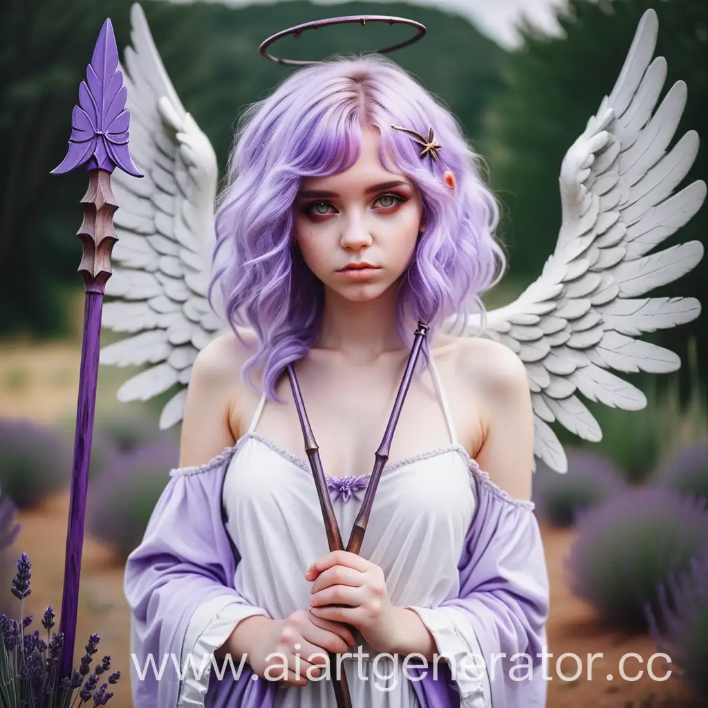 Взрослая девушка ангел с волосами лавандового цвета с копьëм в руках