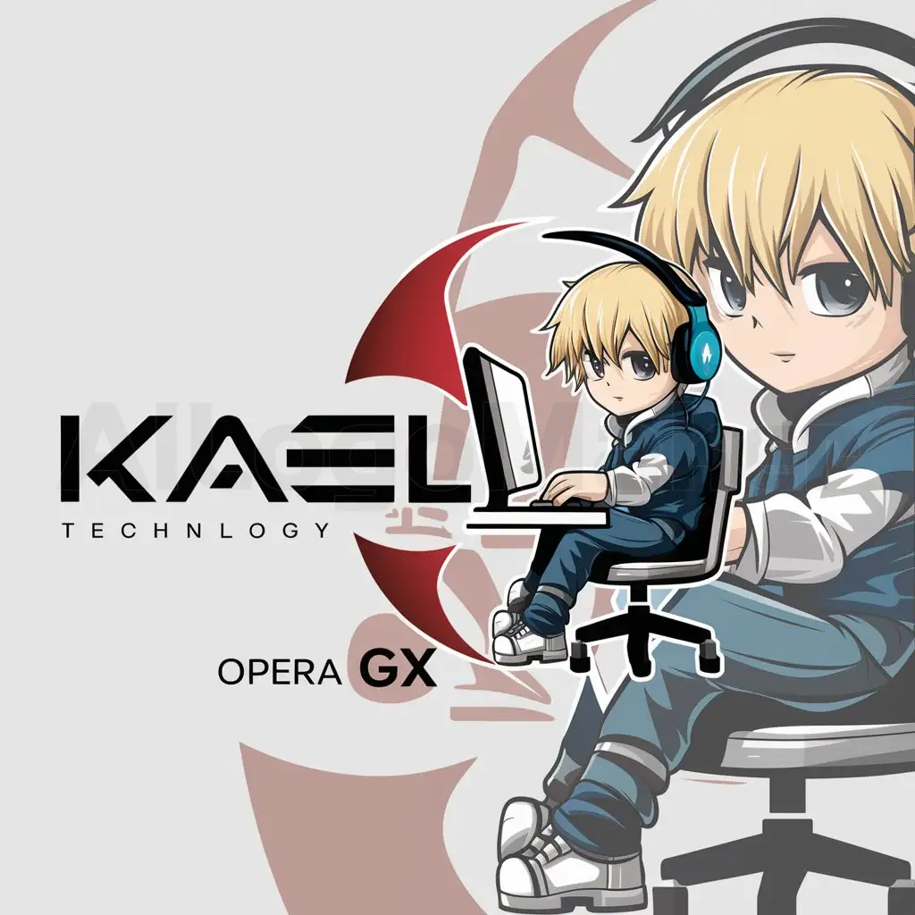 a logo design,with the text "Kael", main symbol:A Blonde boy, on a chair, with headphones, on computer, in anime style, with opera gx logo,Moderate,be used in Technology industry,clear background