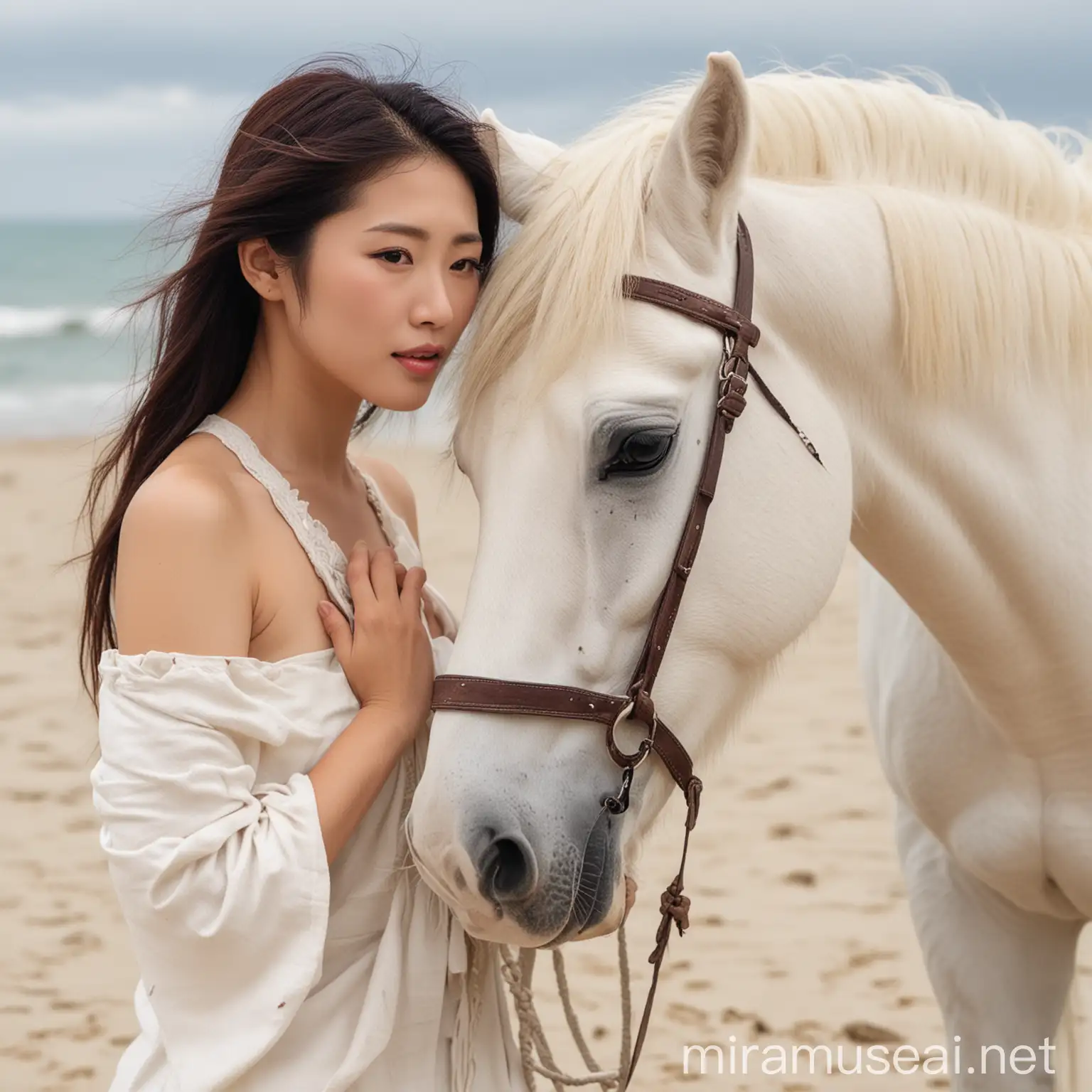 Seorang jepang berwajah cantik, berpose dengan seekor kuda putih di pinggir pantai sambil mengelus wajah kudanya.