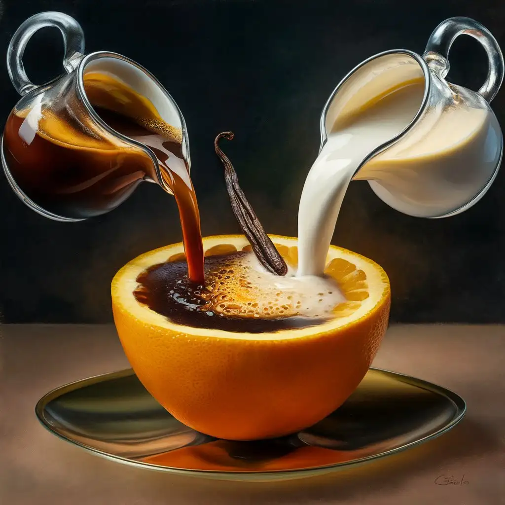 Pouring Coffee and Milk into Oranges with Floating Vanilla Bean